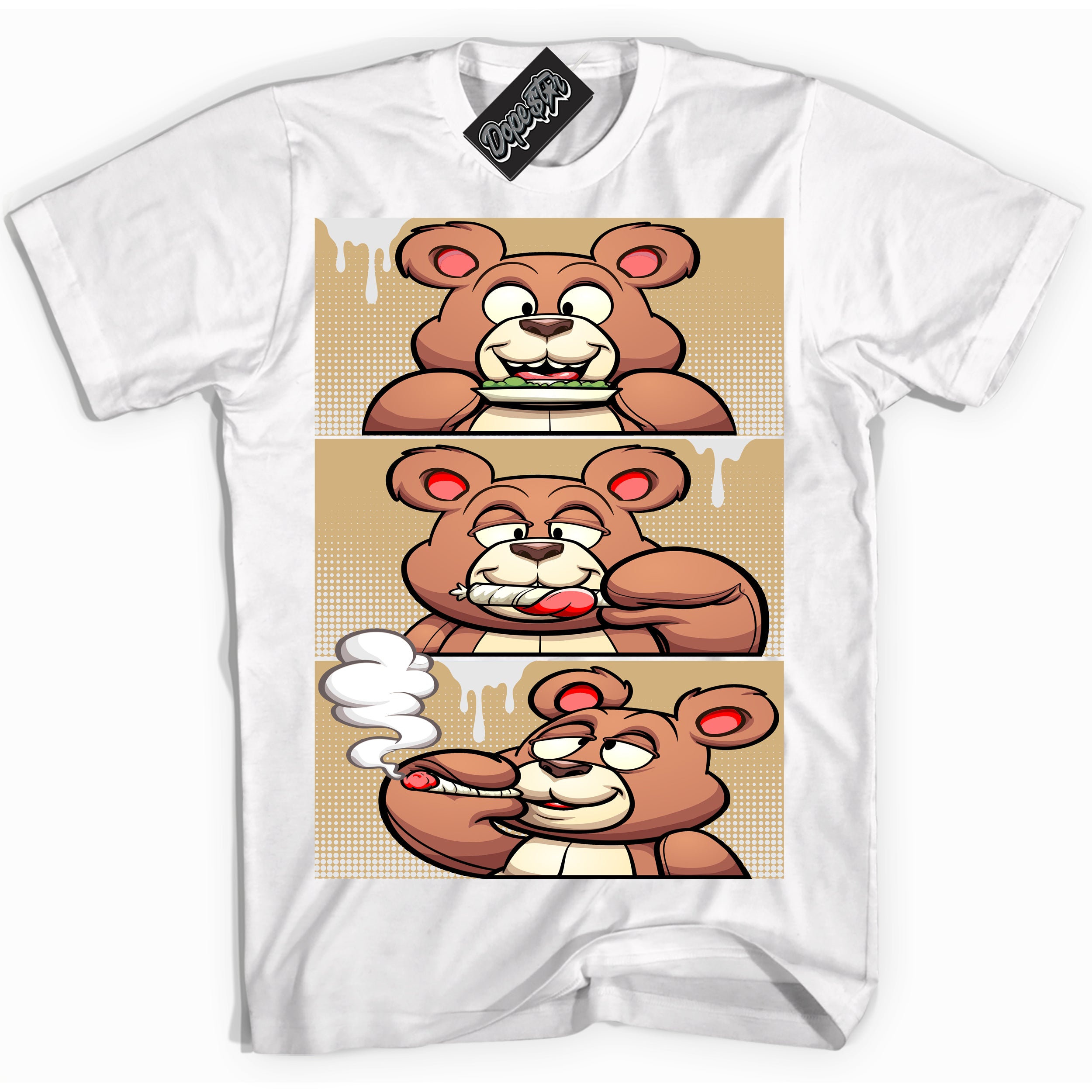 Jordan MVP White Metallic Gold ‘Roll It Lick It Smoke It Bear’ – White Streetwear T-Shirt | Sneaker Matching shirt for Jordan MVP White Metallic Gold | Men's and Women's Streetwear Graphic Tee by Sneaker Shirts Outlet.
