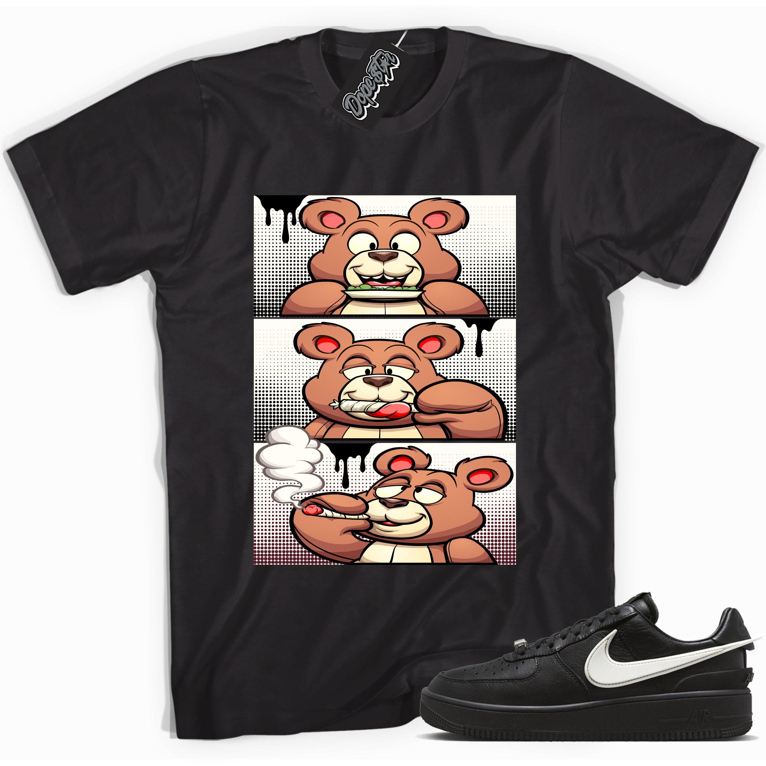 Cool black graphic tee with 'roll it lick it smoke it bear' print, that perfectly matches Nike Air Force 1 Low Ambush Phantom Black sneakers