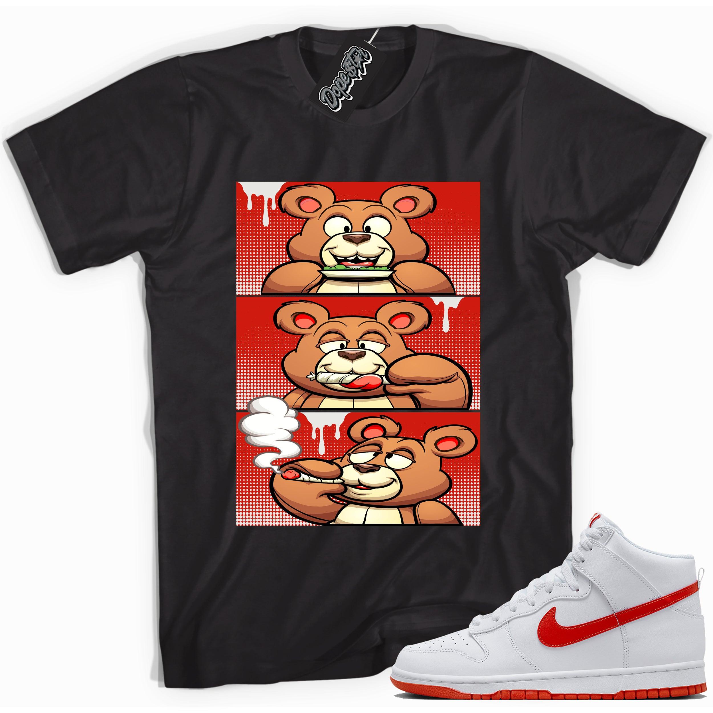 Cool black graphic tee with 'roll it lick it smoke it bear' print, that perfectly matches Nike Dunk High White Picante Red sneakers.