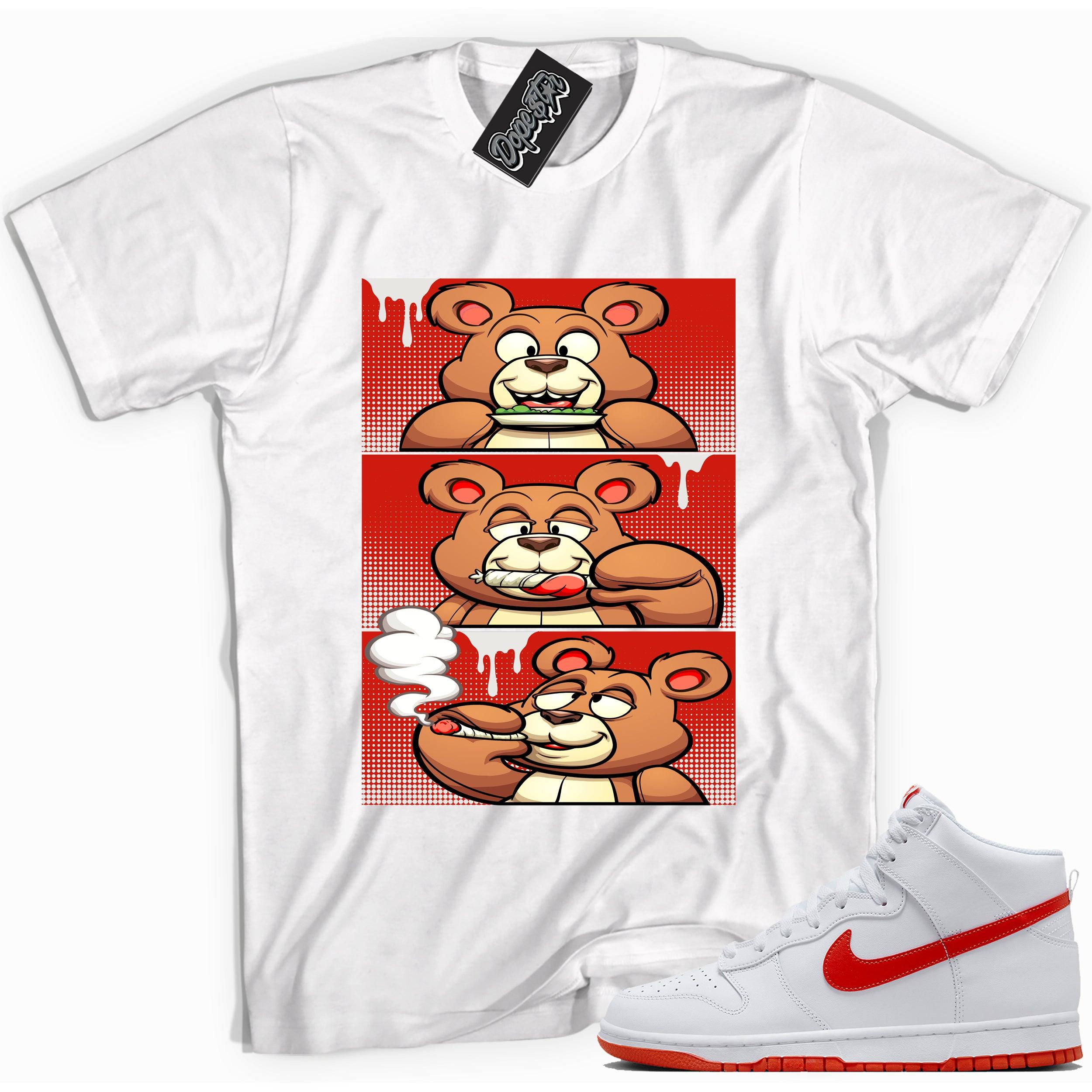 Cool white graphic tee with 'roll it lick it smoke it bear' print, that perfectly matches Nike Dunk High White Picante Red sneakers.