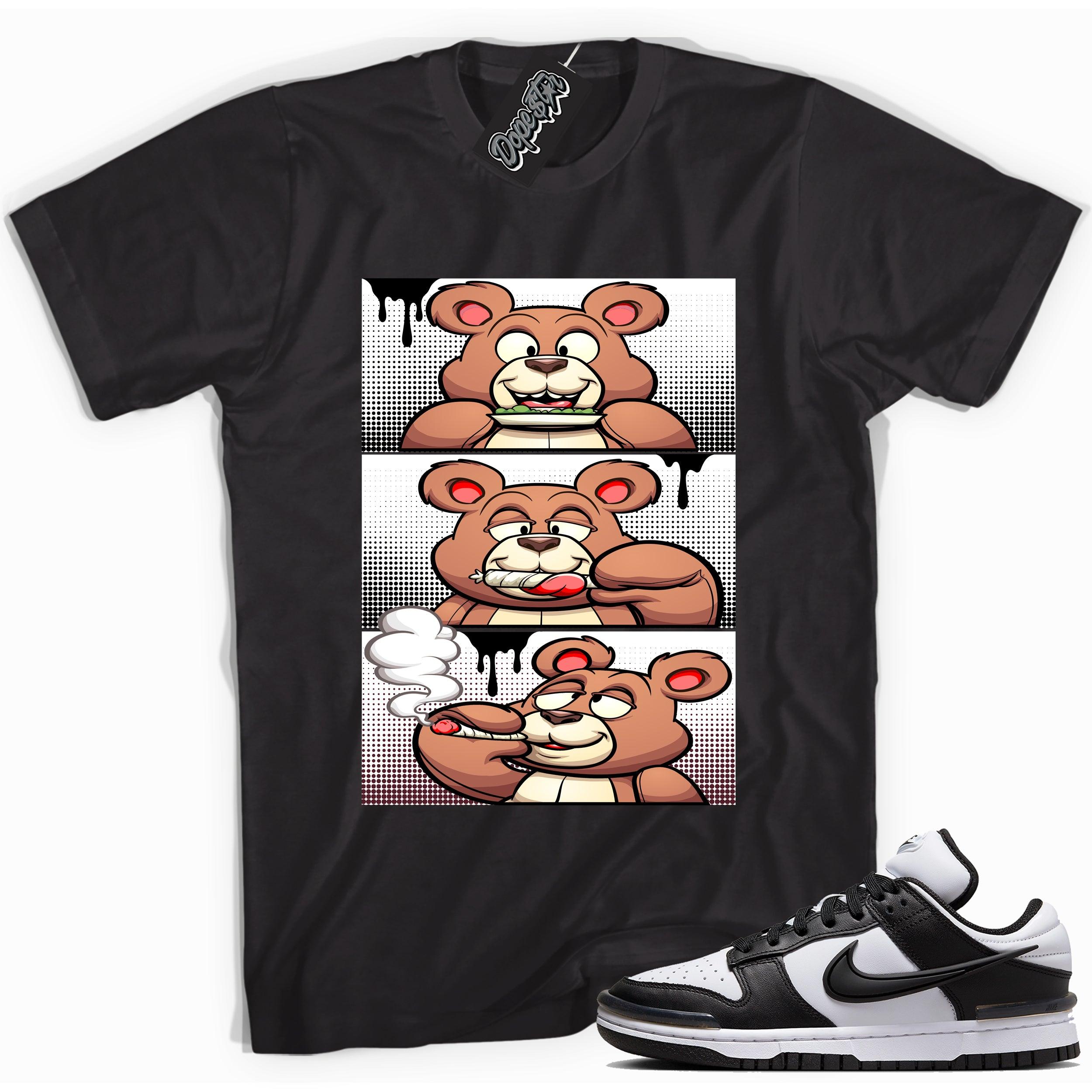 Cool black graphic tee with 'roll it lick it smoke it' print, that perfectly matches Nike Dunk Low Twist Panda sneakers.