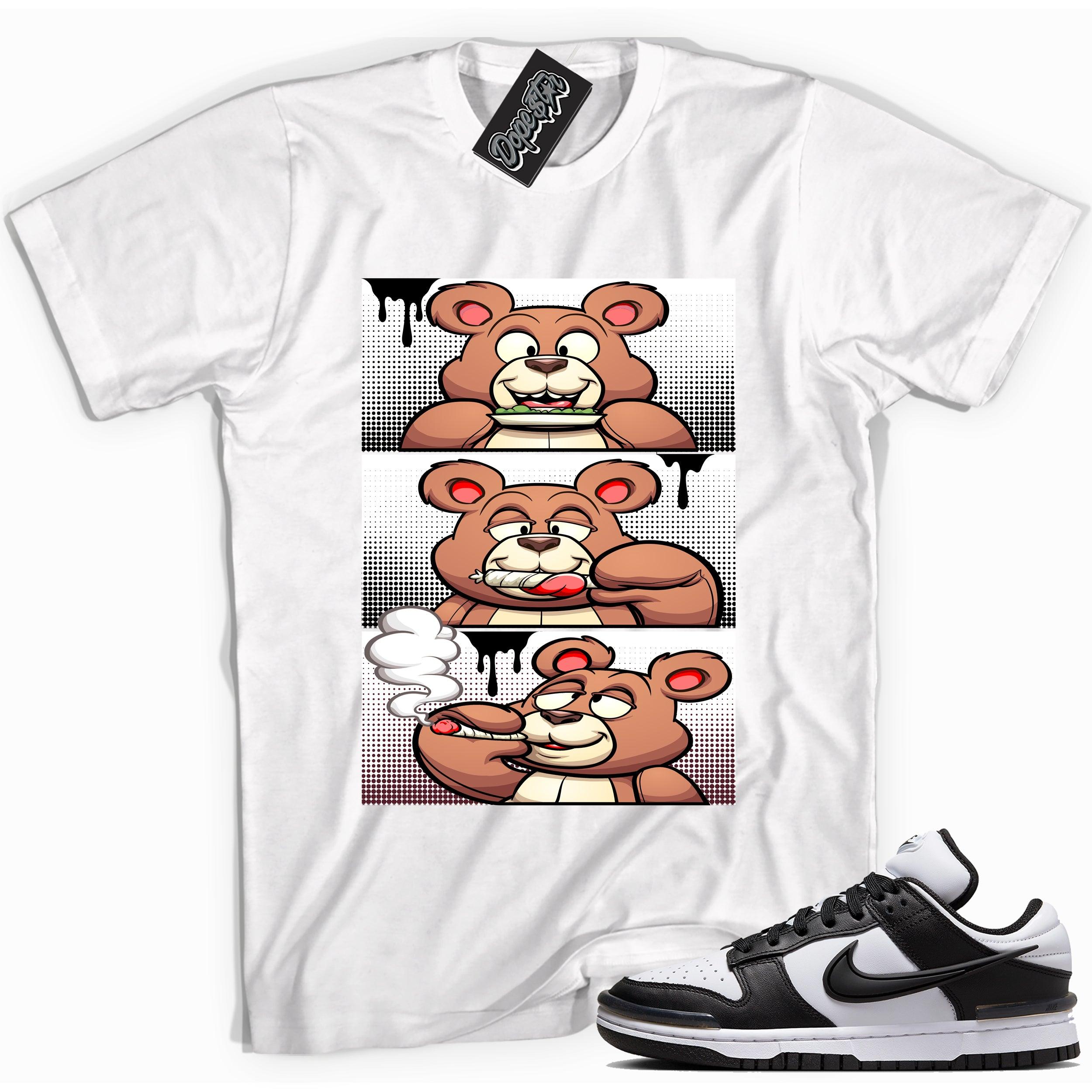 Cool white graphic tee with 'roll it lick it smoke it' print, that perfectly matches Nike Dunk Low Twist Panda sneakers.