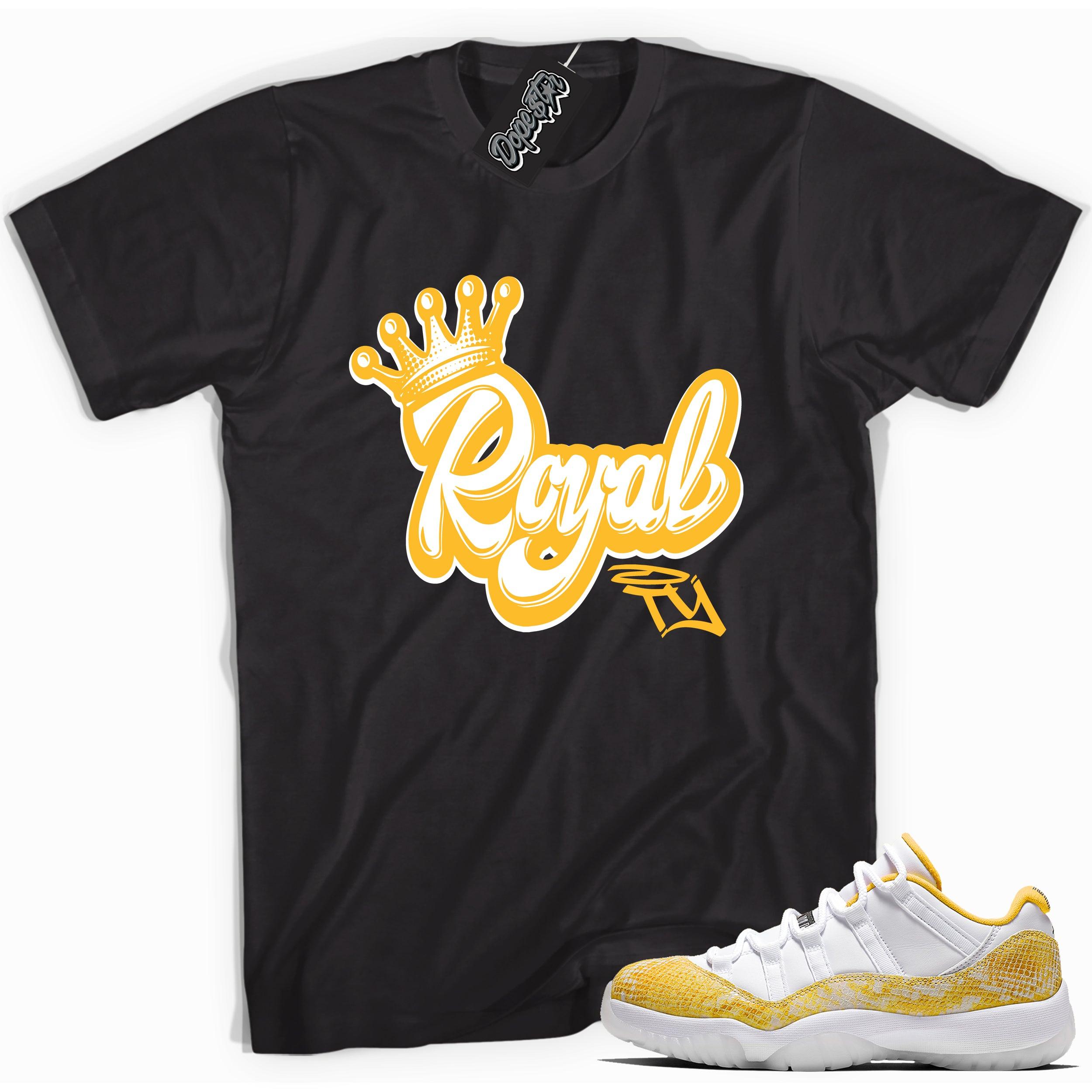 Cool black graphic tee with 'royalty' print, that perfectly matches  Air Jordan 11 Retro Low Yellow Snakeskin sneakers