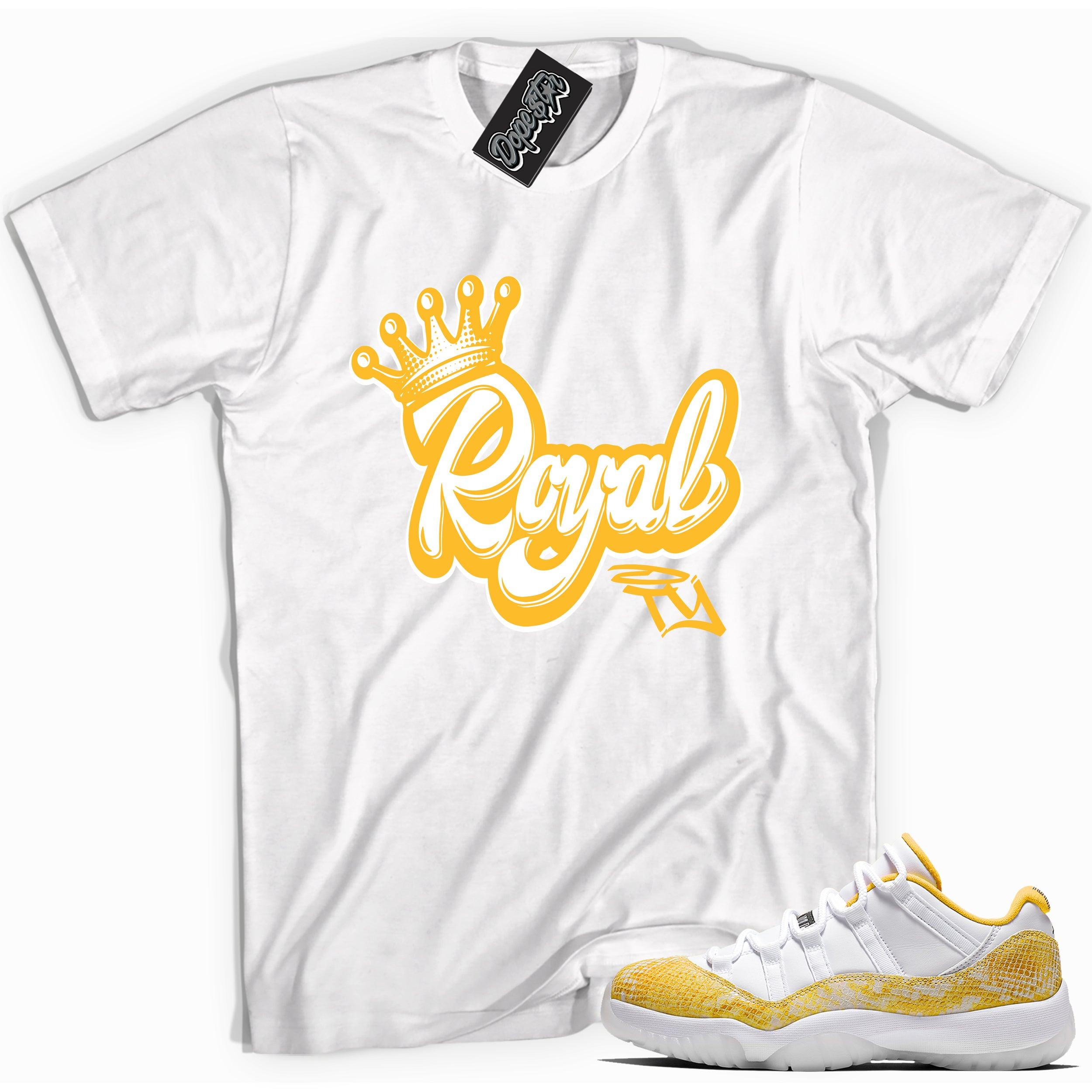 Cool white graphic tee with 'royalty' print, that perfectly matches Air Jordan 11 Retro Low Yellow Snakeskin sneakers