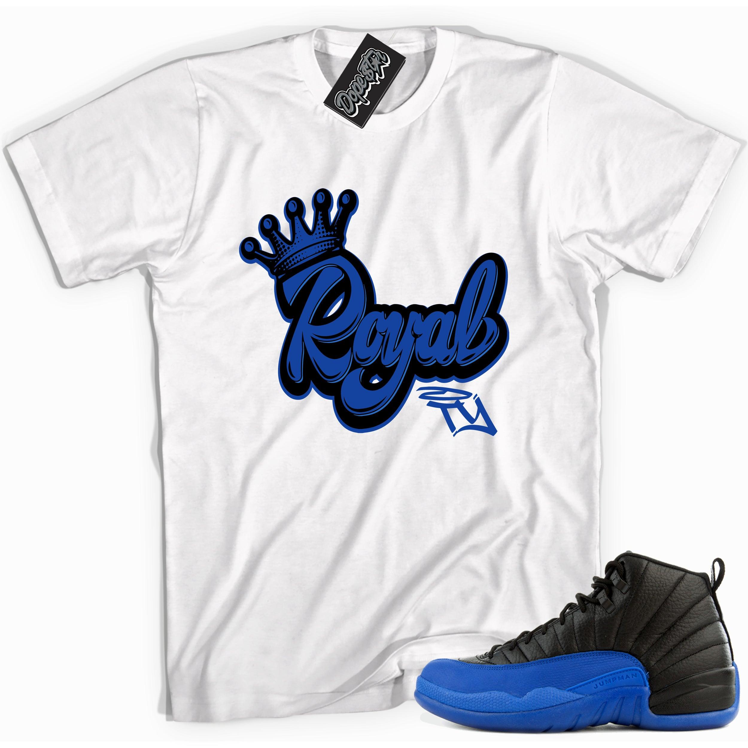 Cool white graphic tee with 'royalty' print, that perfectly matches Air Jordan 12 Retro Black Game Royal sneakers.