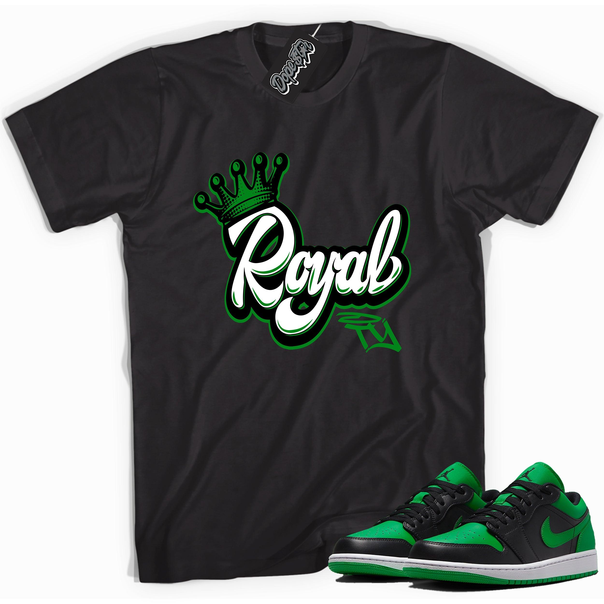 Cool black graphic tee with 'royal' print, that perfectly matches Air Jordan 1 Low Lucky Green sneakers