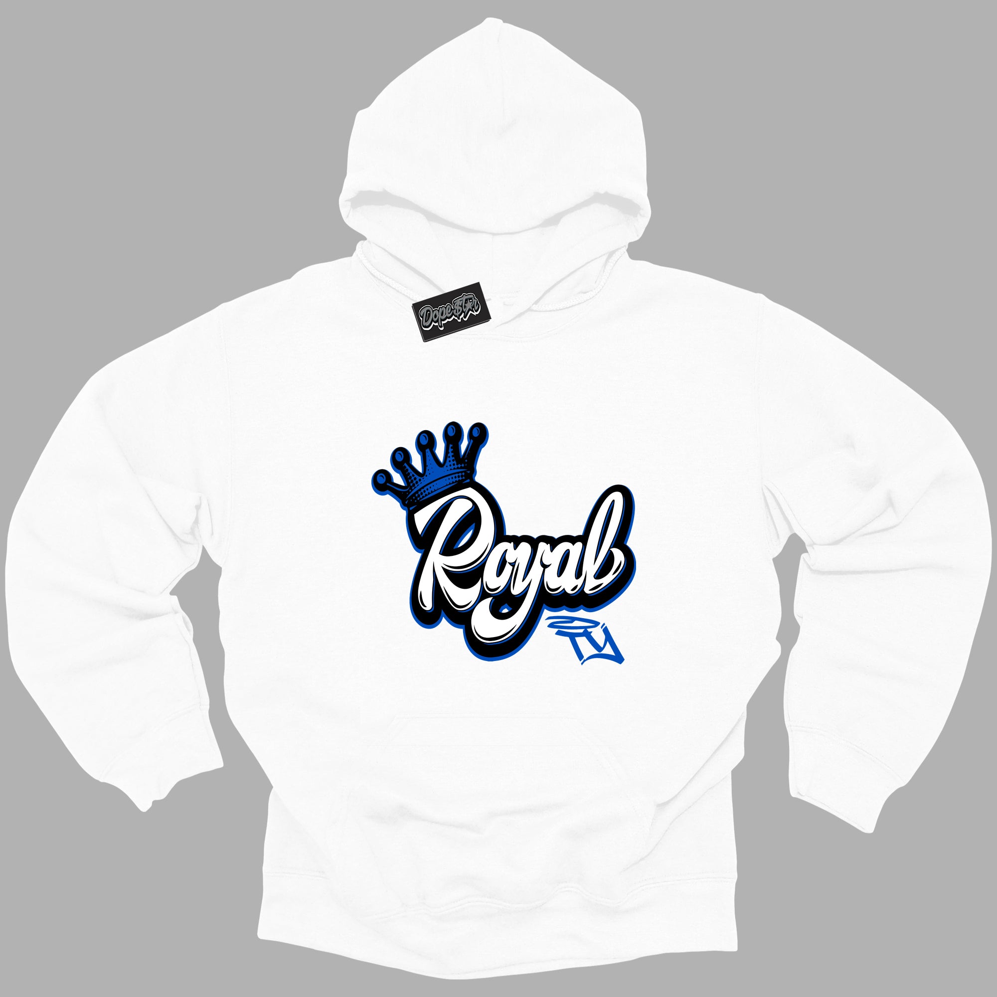 Cool White Hoodie with “ Royalty ”  design that Perfectly Matches Royal Reimagined 1s Sneakers.