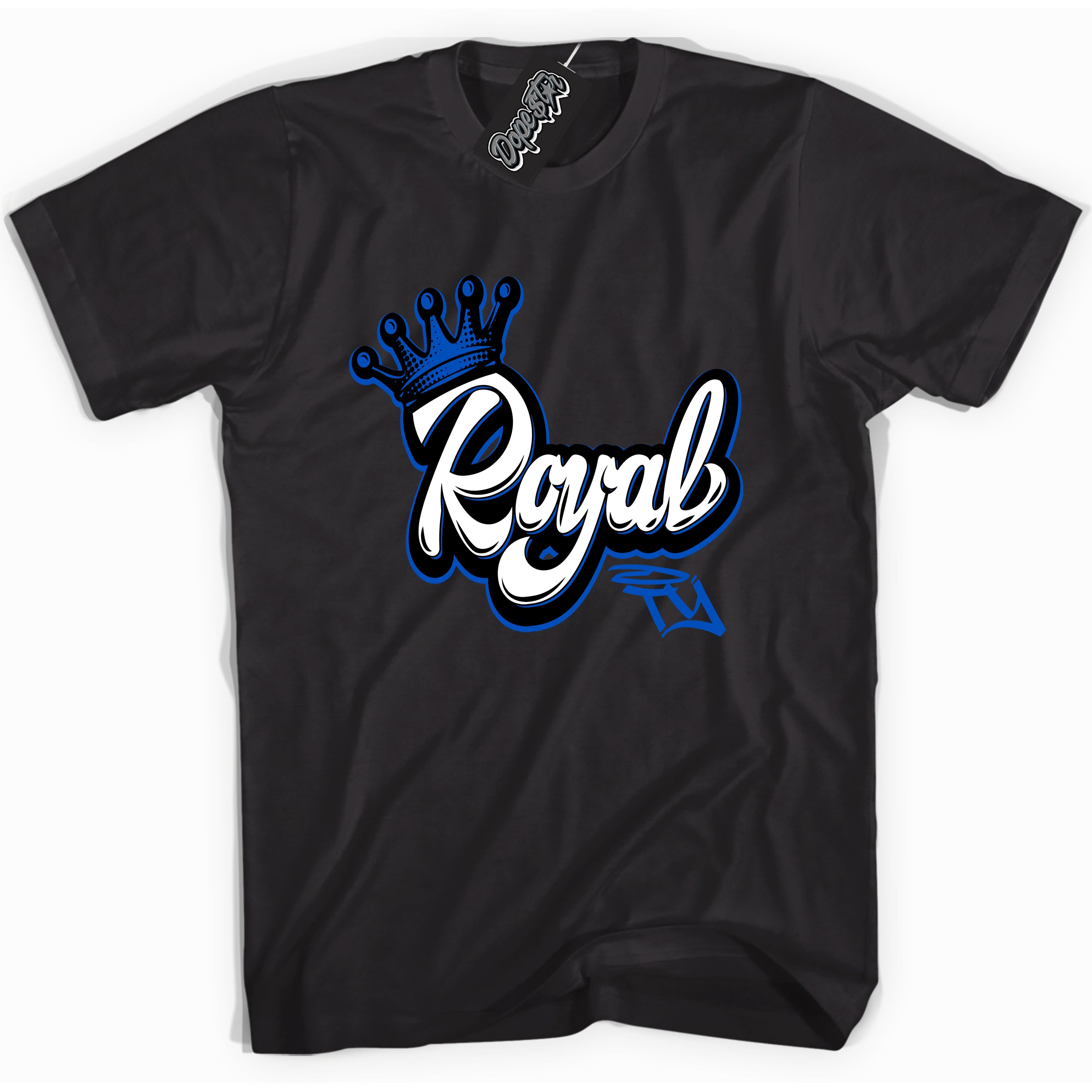 Cool Black graphic tee with "Royal" design, that perfectly matches Royal Reimagined 1s sneakers 