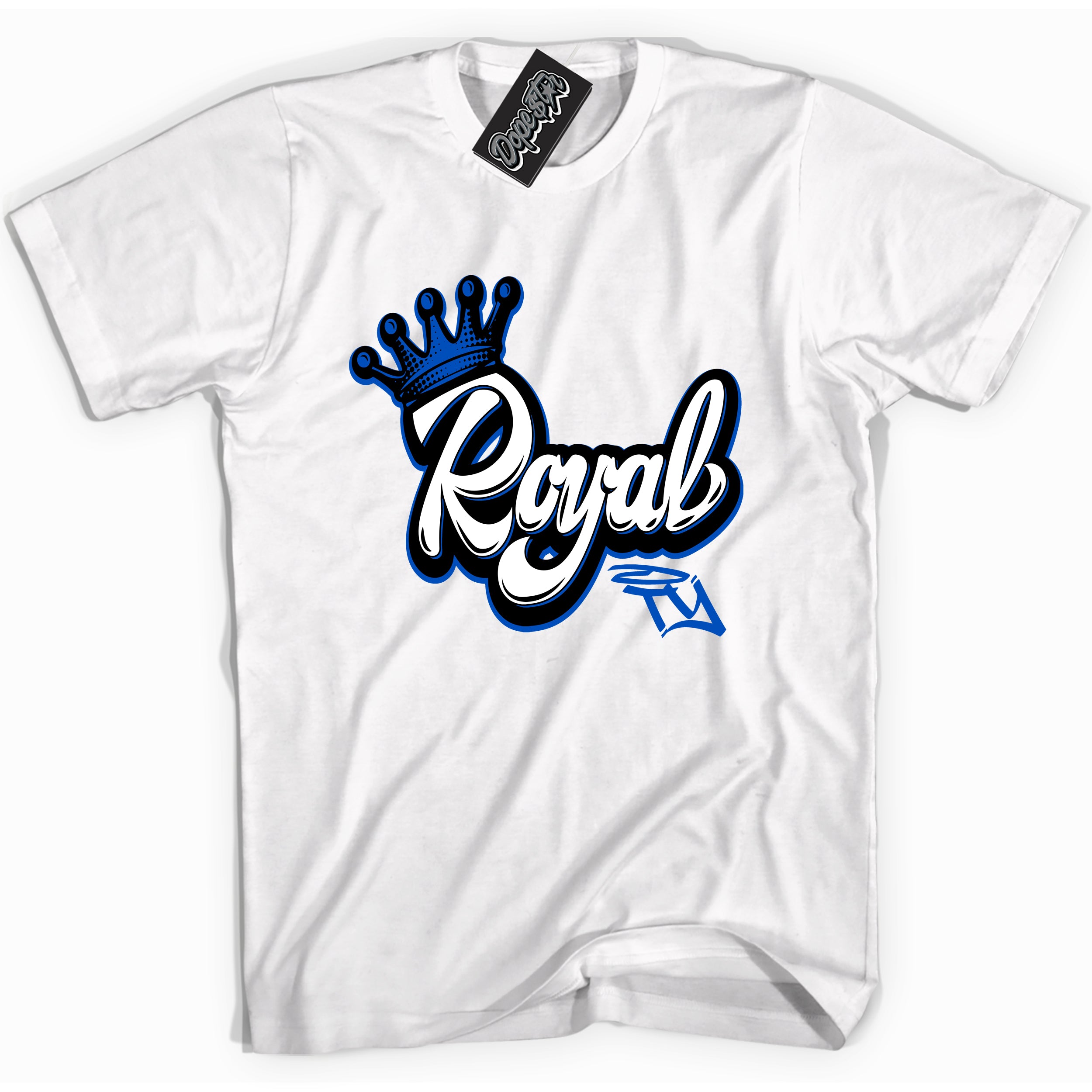 Cool White graphic tee with "Royal" design, that perfectly matches Royal Reimagined 1s sneakers 