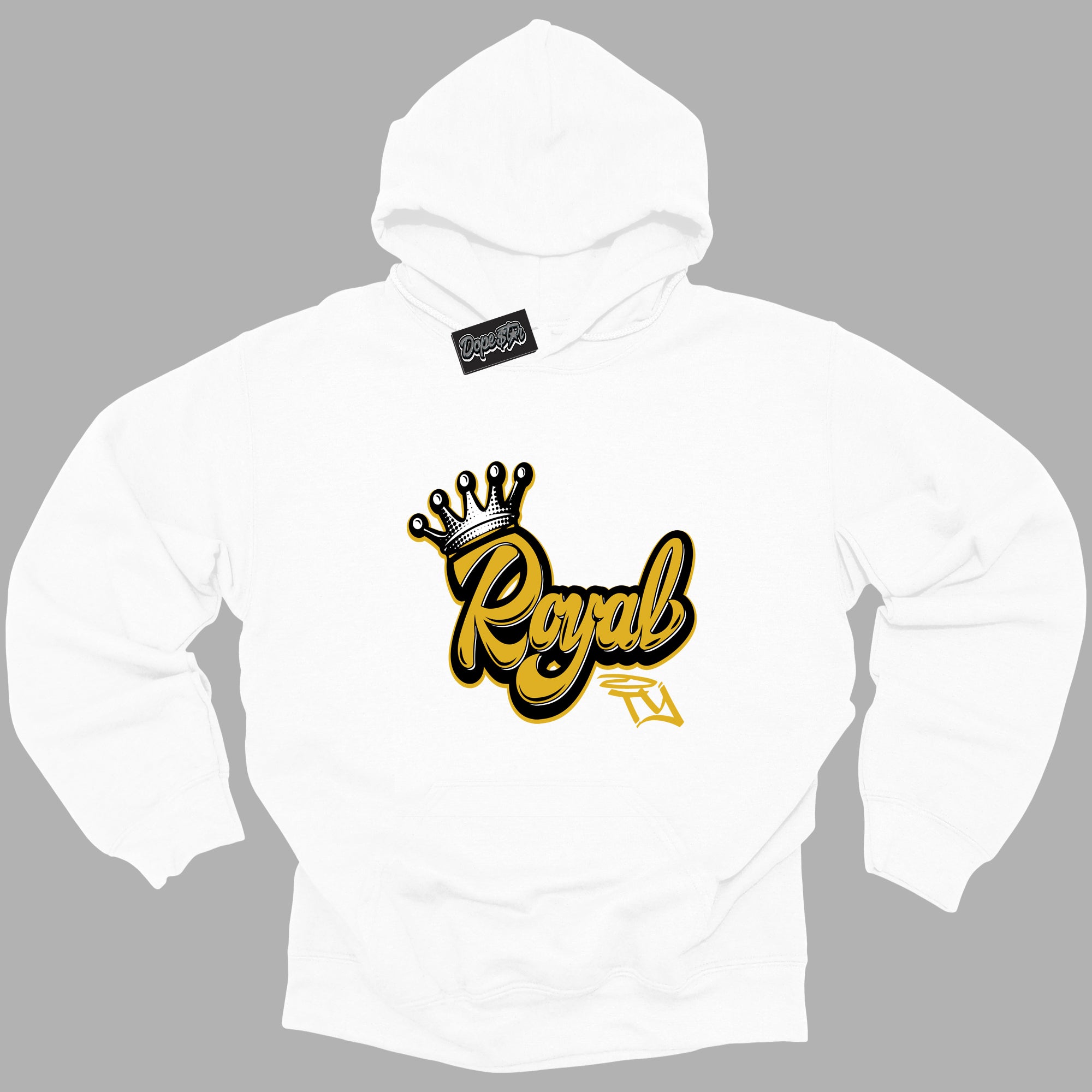 Cool White Hoodie with “ Royalty ”  design that Perfectly Matches Yellow Ochre 6s Sneakers.