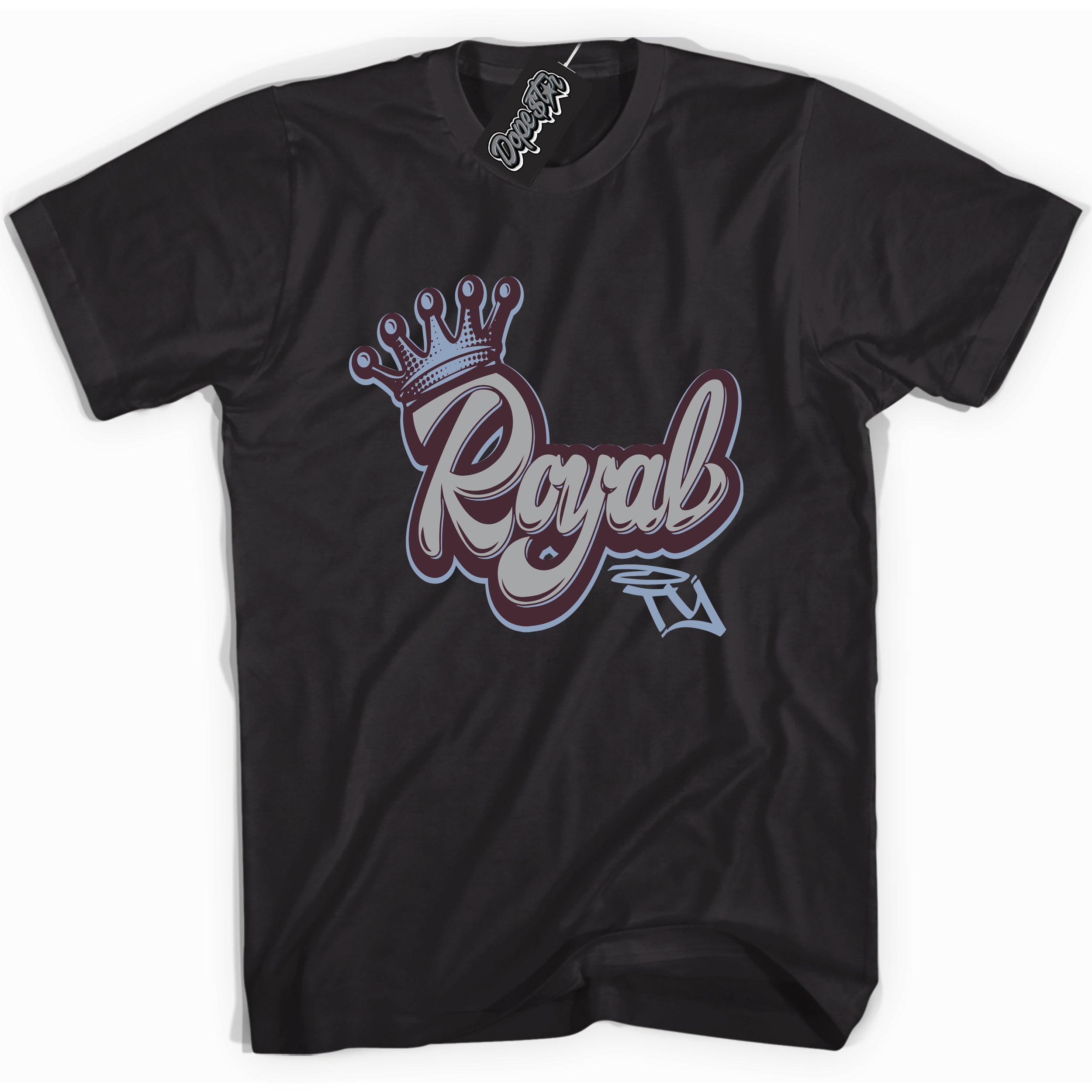 Cool Black Shirt with “ Royalty” design that perfectly matches Burgundy 5s Sneakers.