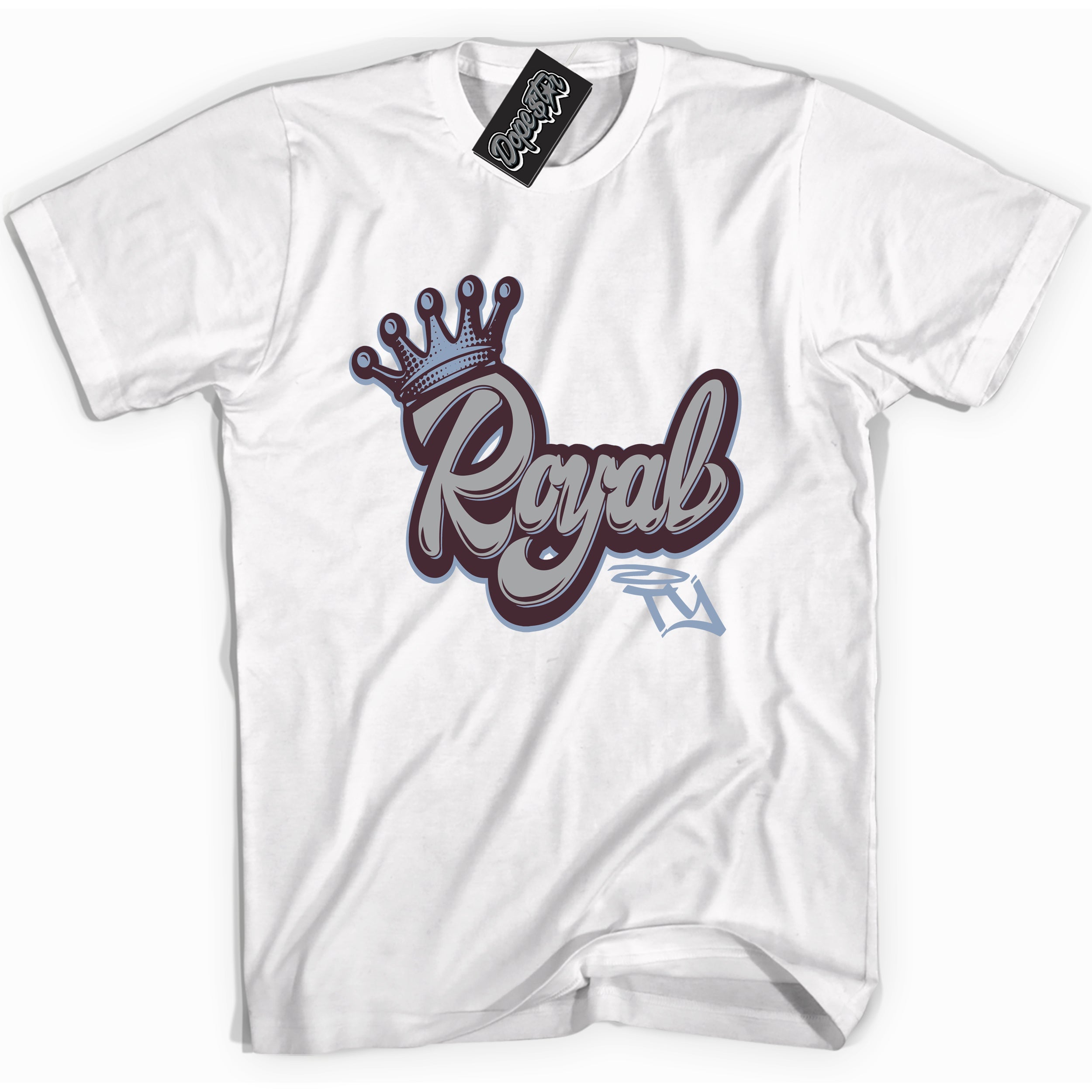 Cool White Shirt with “ Royalty” design that perfectly matches Burgundy 5s Sneakers.