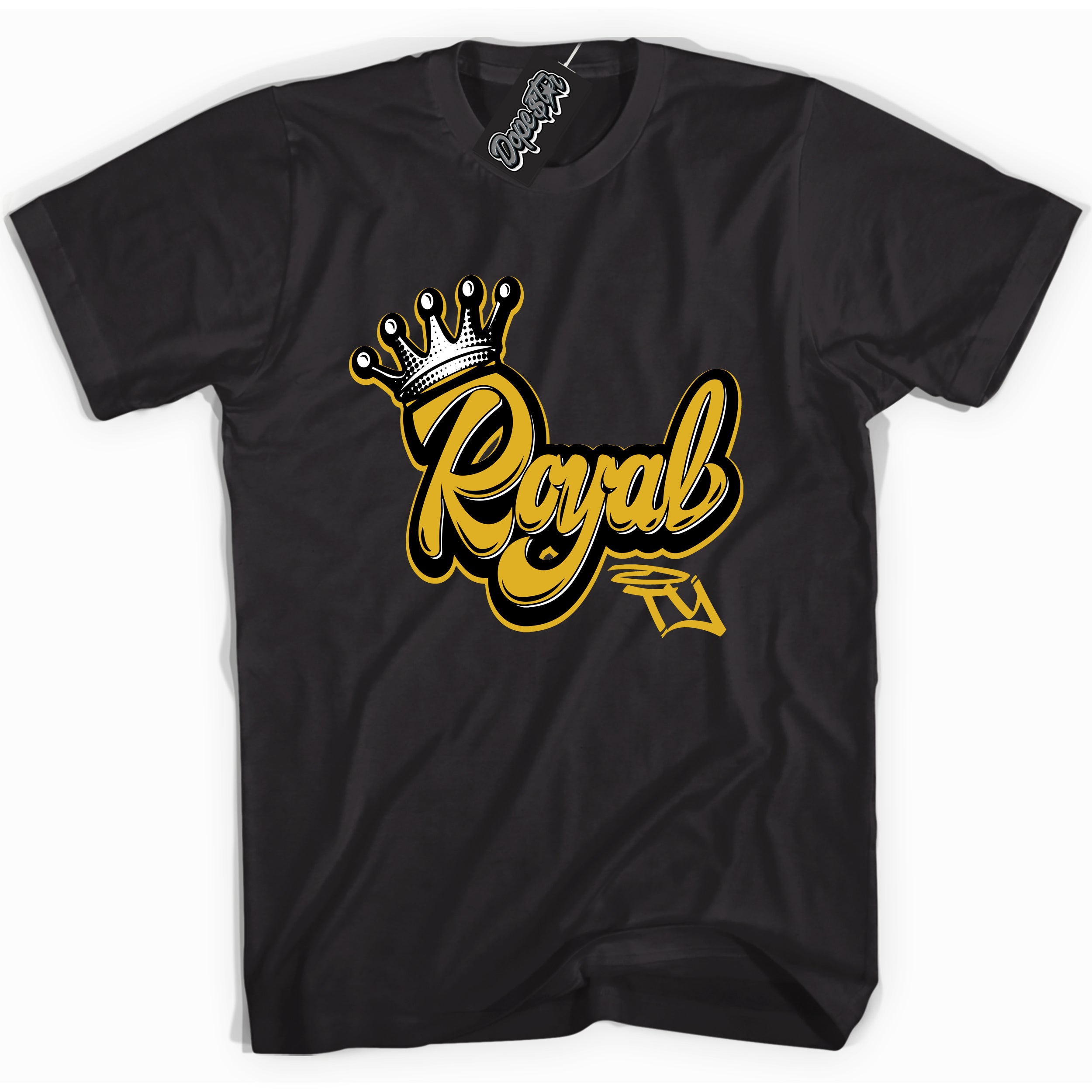 Cool Black Shirt with “ Royalty ” design that perfectly matches Yellow Ochre 6s Sneakers.