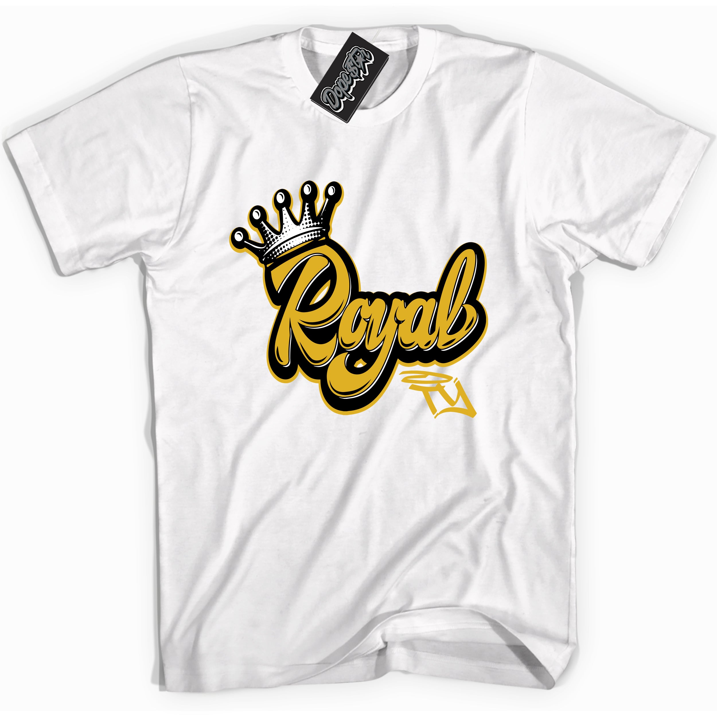 Cool White Shirt with “ Royalty” design that perfectly matches Yellow Ochre 6s Sneakers.