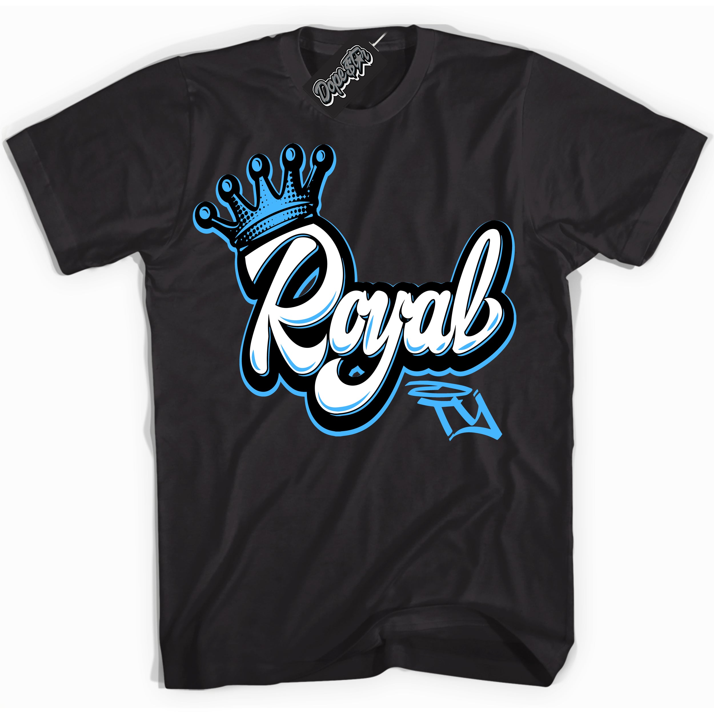 Cool Black graphic tee with “ Royalty ” design, that perfectly matches Powder Blue 9s sneakers 