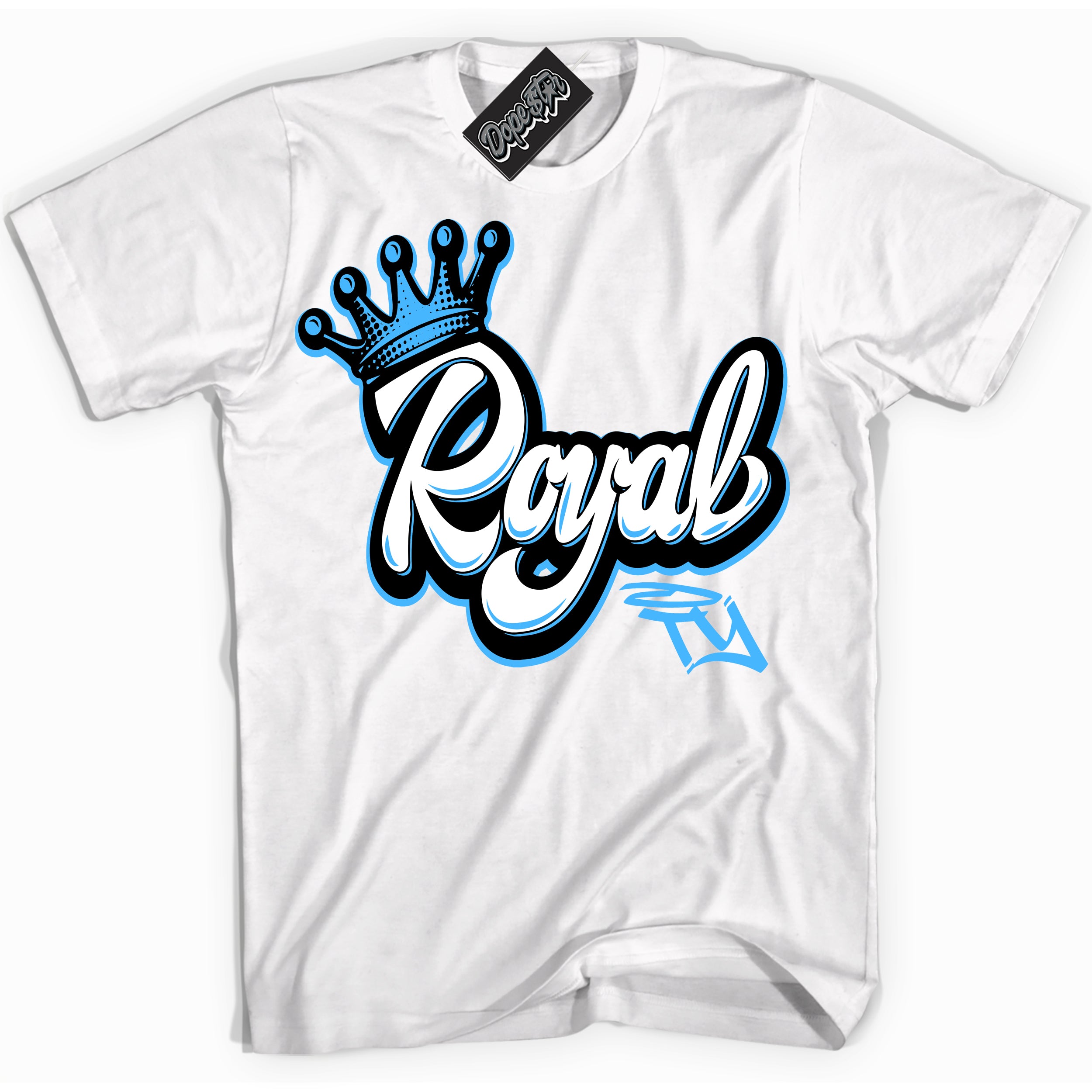 Cool White graphic tee with “ Royalty ” design, that perfectly matches Powder Blue 9s sneakers 