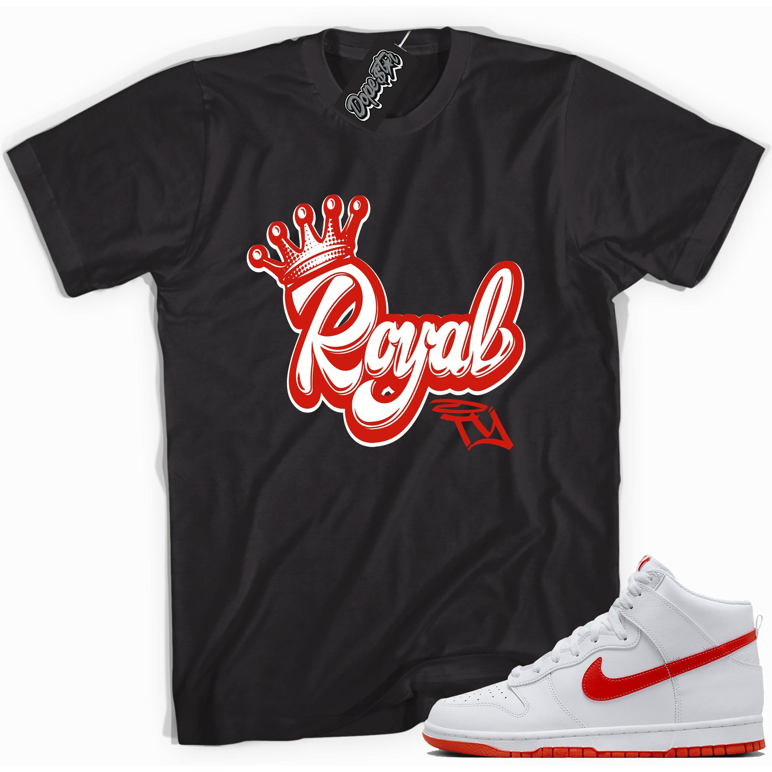 Cool black graphic tee with 'royalty' print, that perfectly matches Nike Dunk High White Picante Red sneakers.