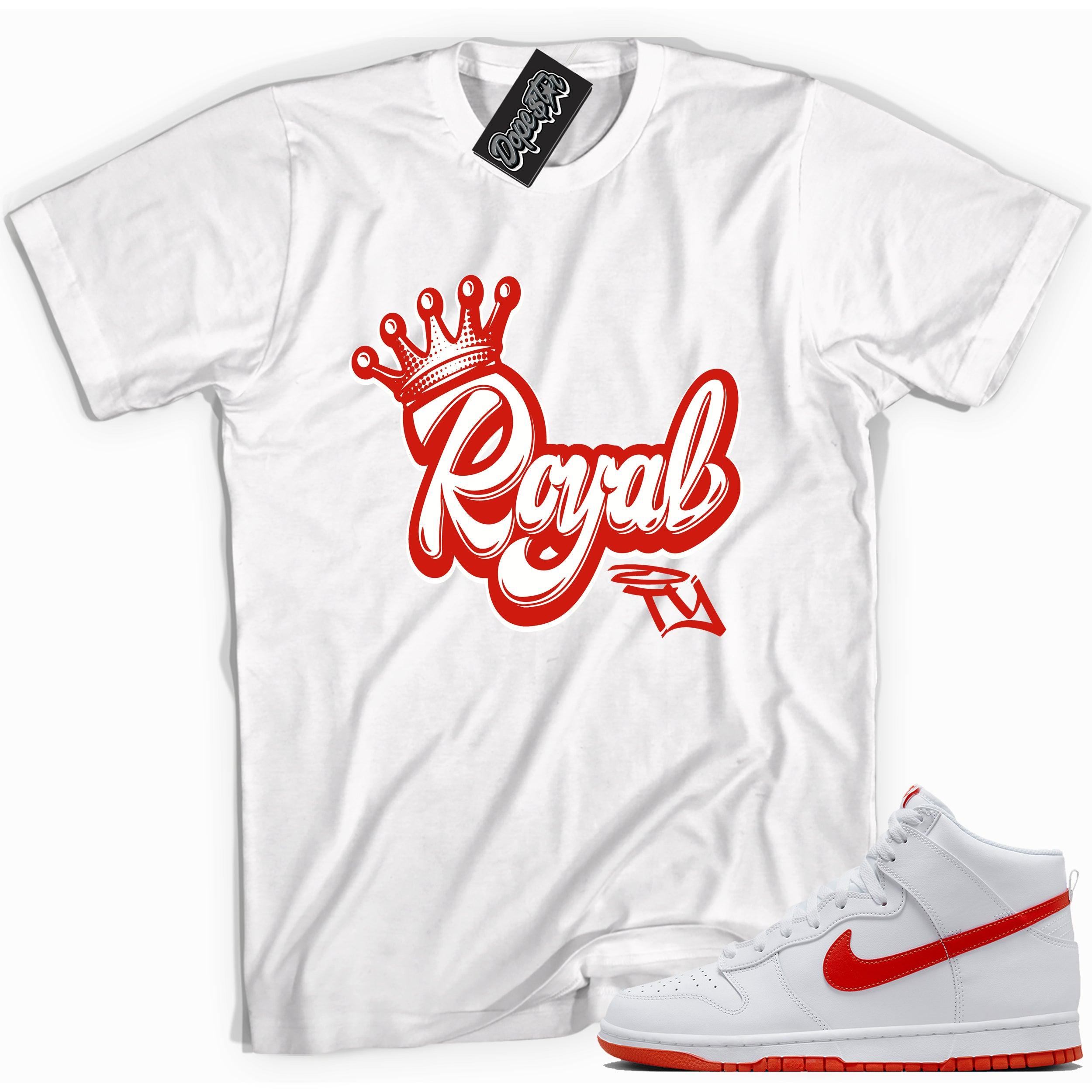 Cool white graphic tee with 'royalty' print, that perfectly matches Nike Dunk High White Picante Red sneakers.