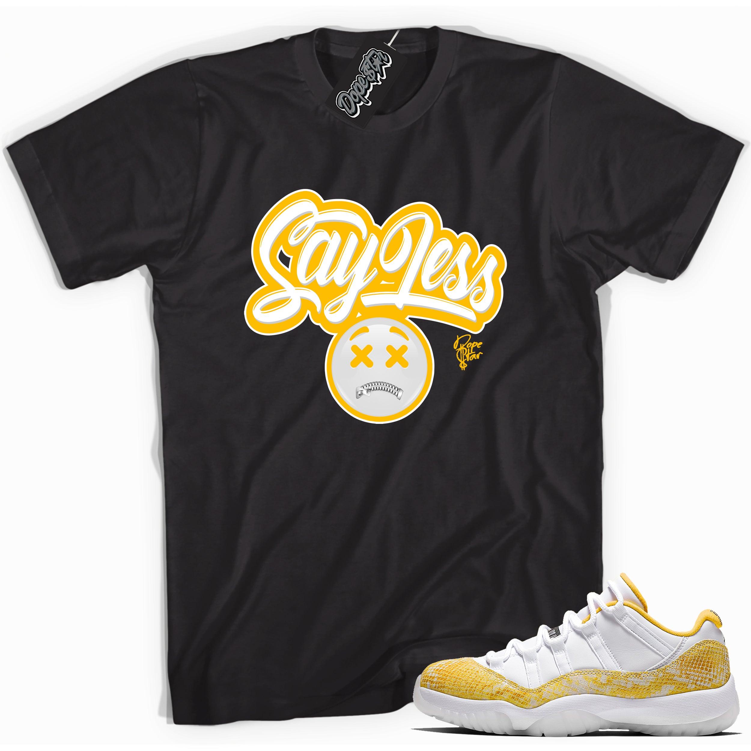 Cool black graphic tee with 'say less' print, that perfectly matches  Air Jordan 11 Retro Low Yellow Snakeskin sneakers