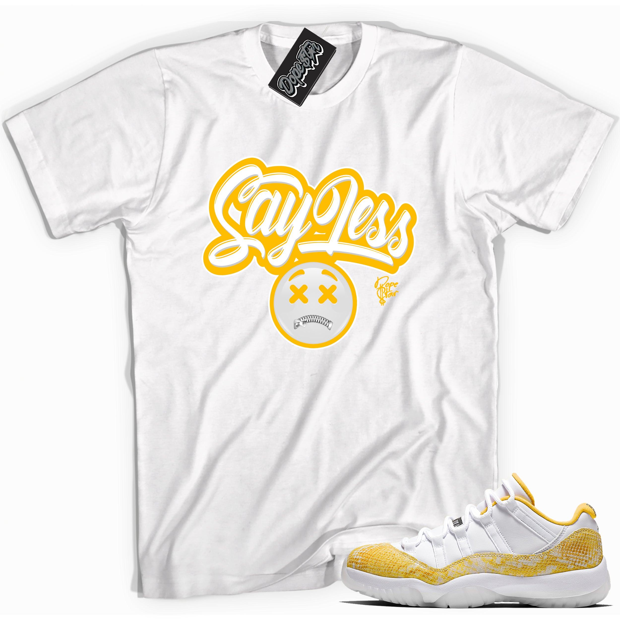 Cool white graphic tee with 'say less' print, that perfectly matches Air Jordan 11 Retro Low Yellow Snakeskin sneakers