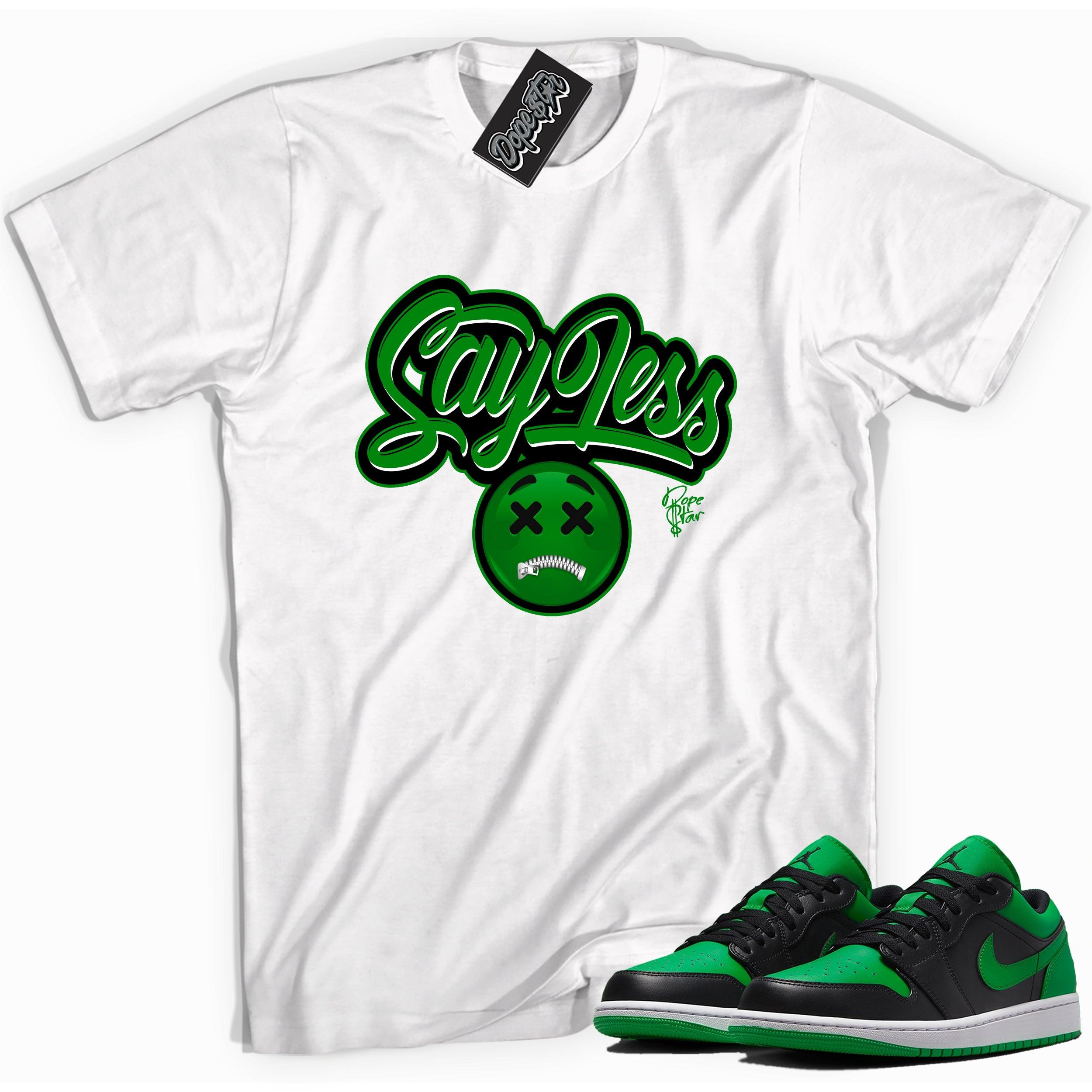 Cool white graphic tee with 'say less' print, that perfectly matches Air Jordan 1 Low Lucky Green sneakers