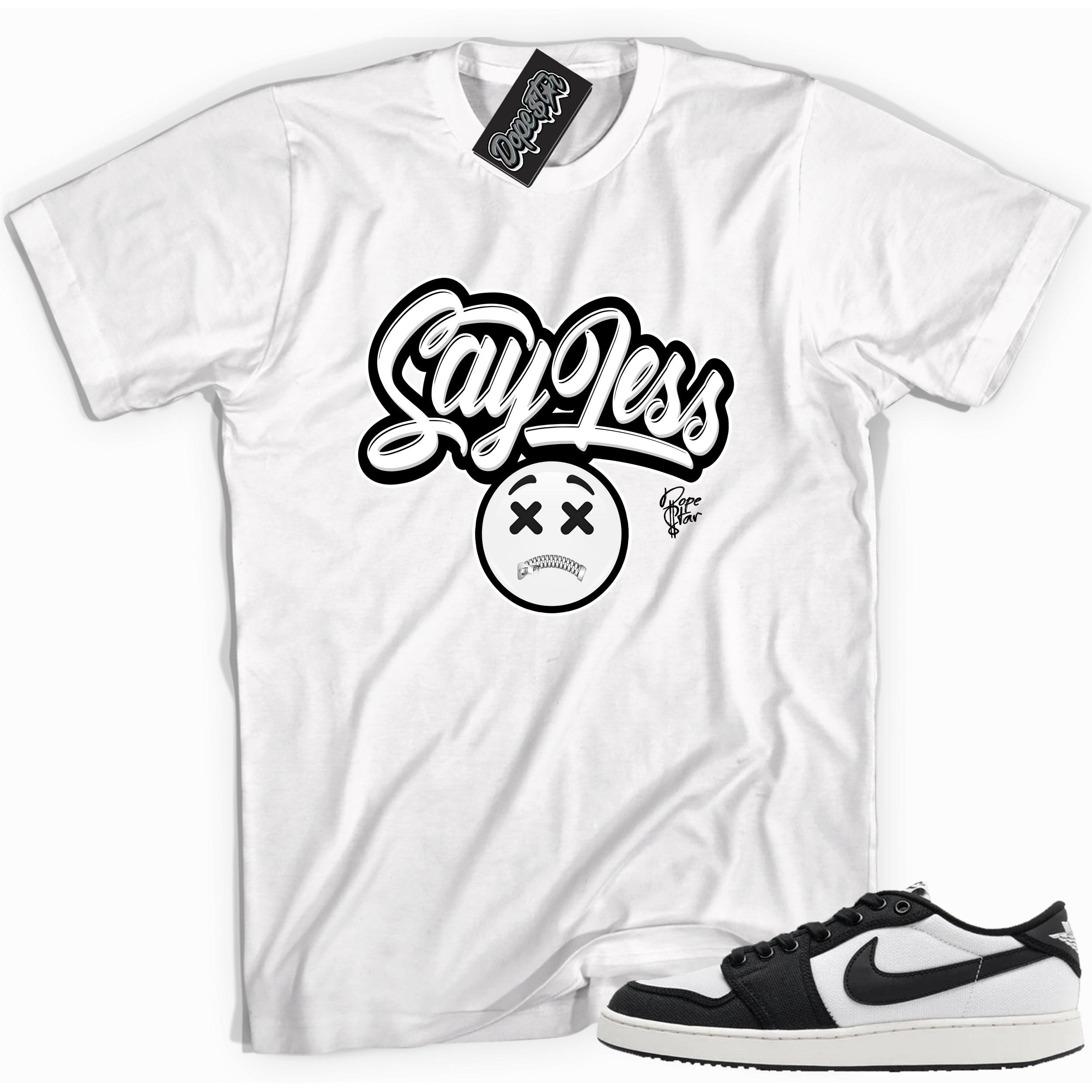 Cool white graphic tee with 'sayless' print, that perfectly matches Air Jordan 1 Retro Ajko Low Black & White sneakers.
