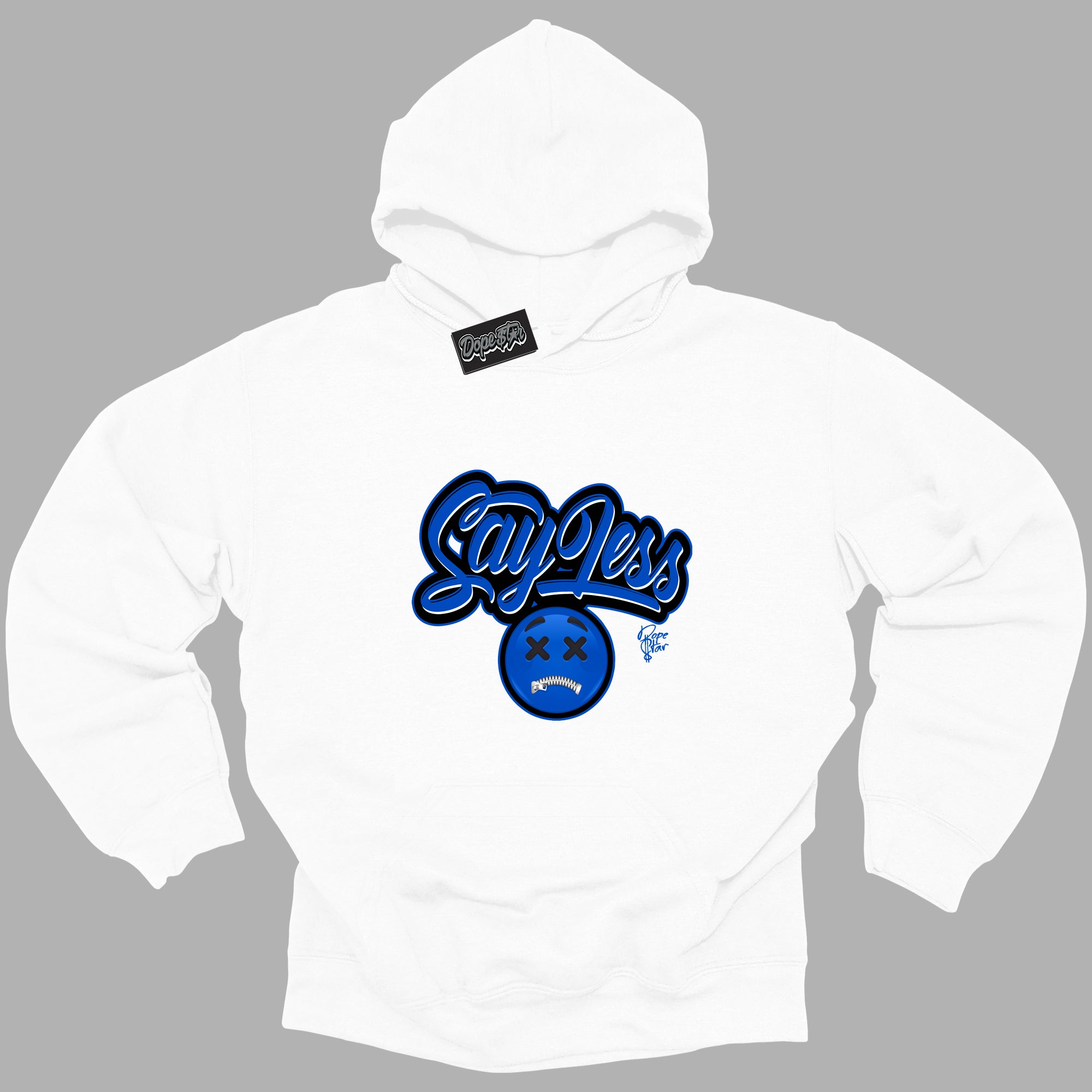 Cool Black Hoodie with “ Say Less ”  design that Perfectly Matches  Royal Reimagined 1s Sneakers.