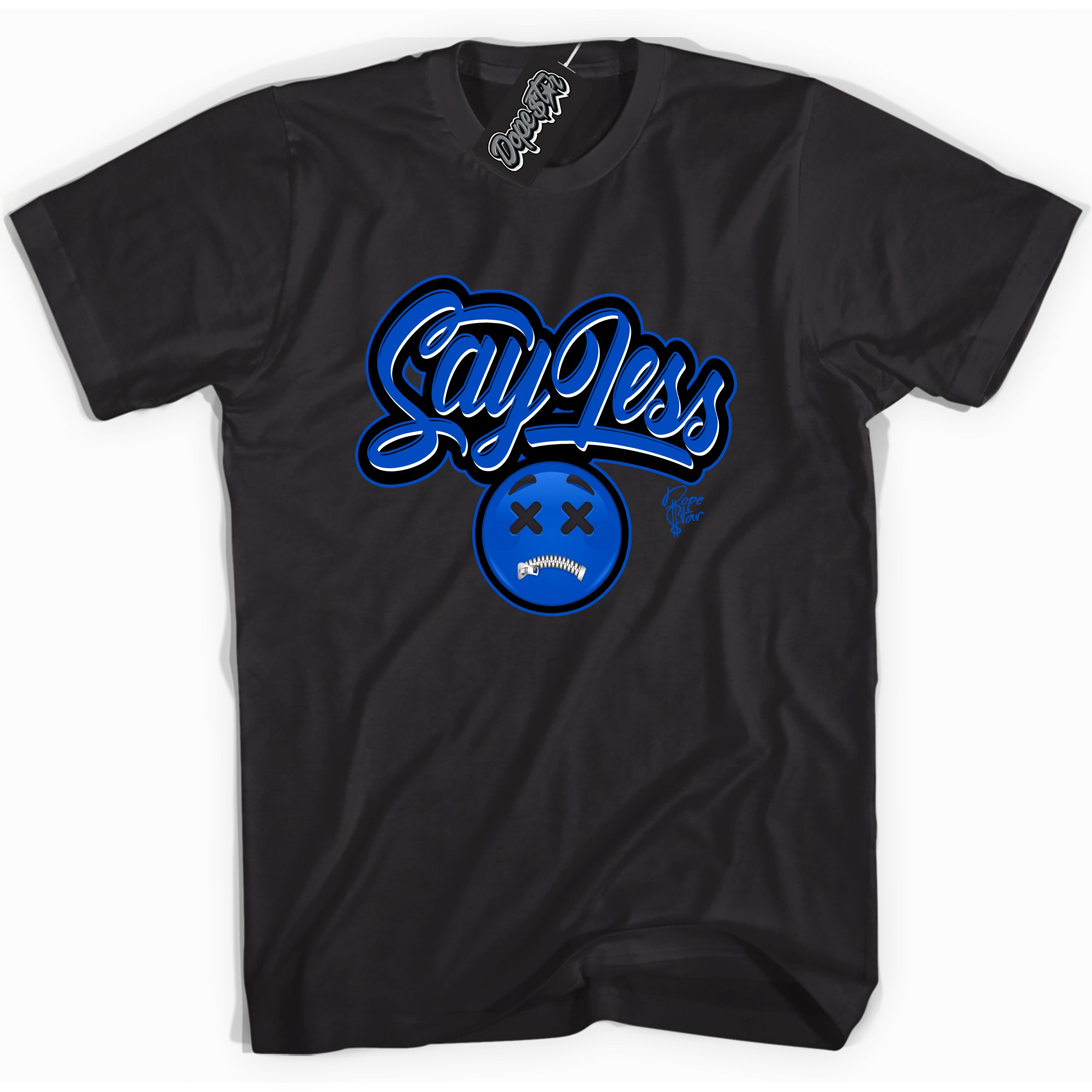 Cool Black graphic tee with Say Less print, that perfectly matches OG Royal Reimagined 1s sneakers 