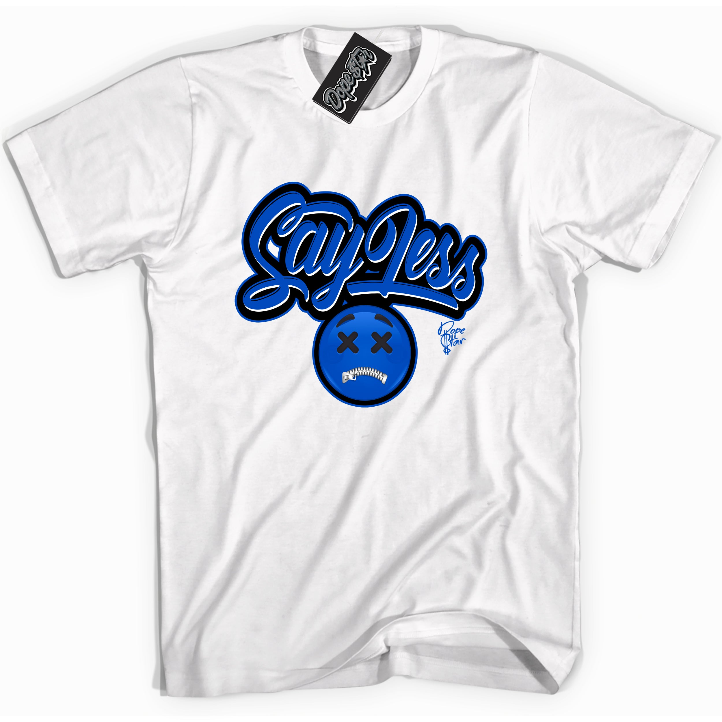 Cool White graphic tee with Say Less print, that perfectly matches OG Royal Reimagined 1s sneakers 