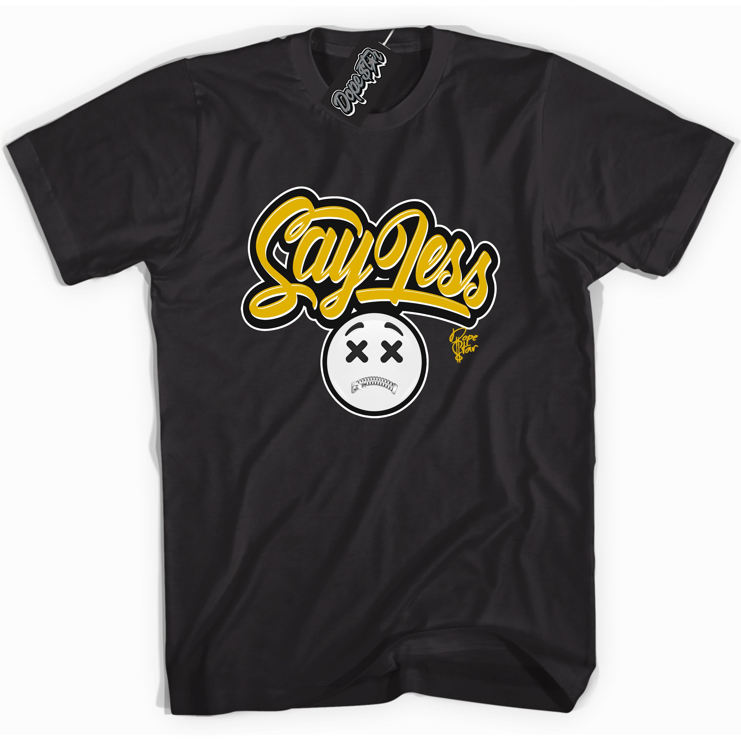 Cool black Shirt with “ Say Less” design that perfectly matches Yellow Ochre 6s Sneakers.