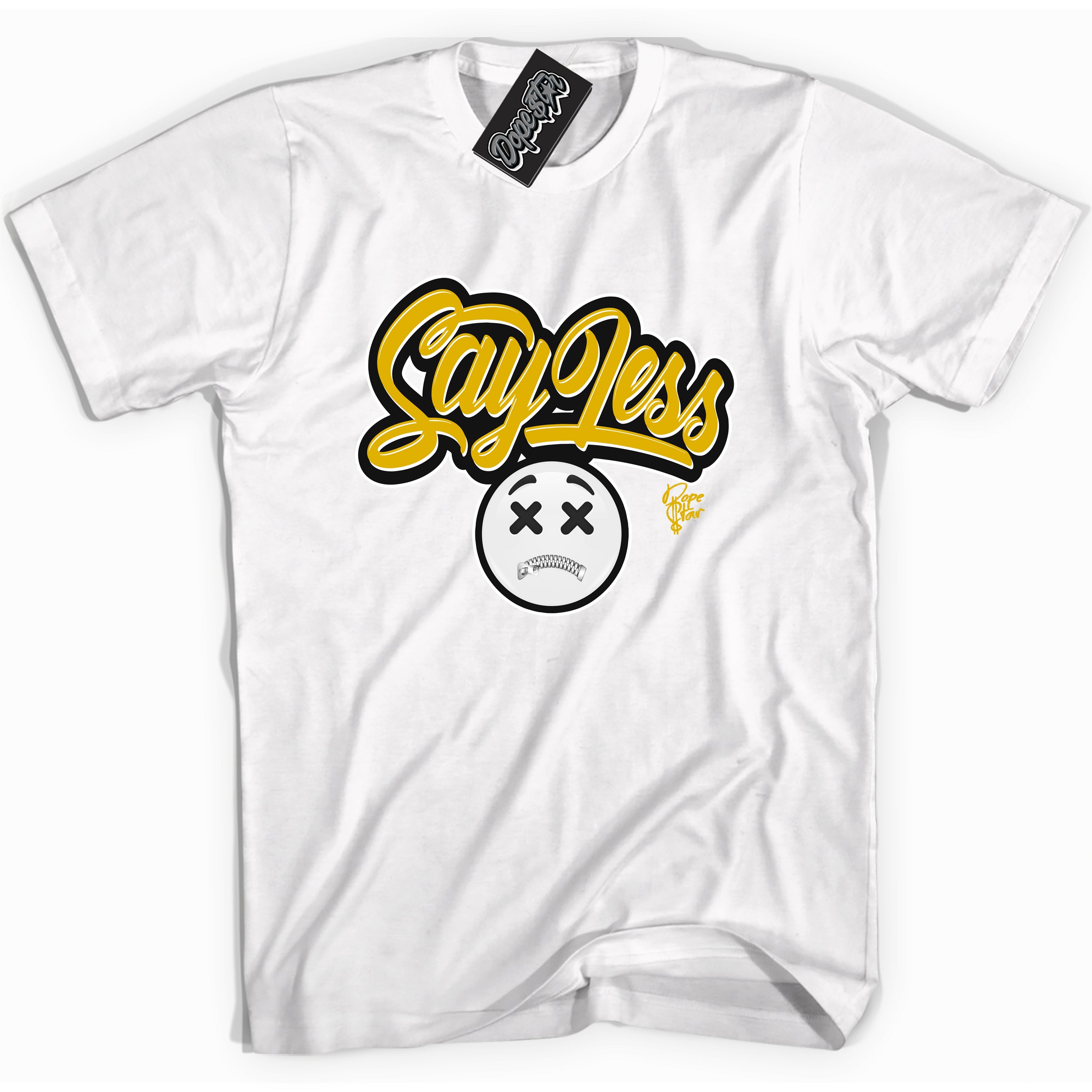 Cool white Shirt with “ Say Less ” design that perfectly matches Yellow Ochre 6s Sneakers.