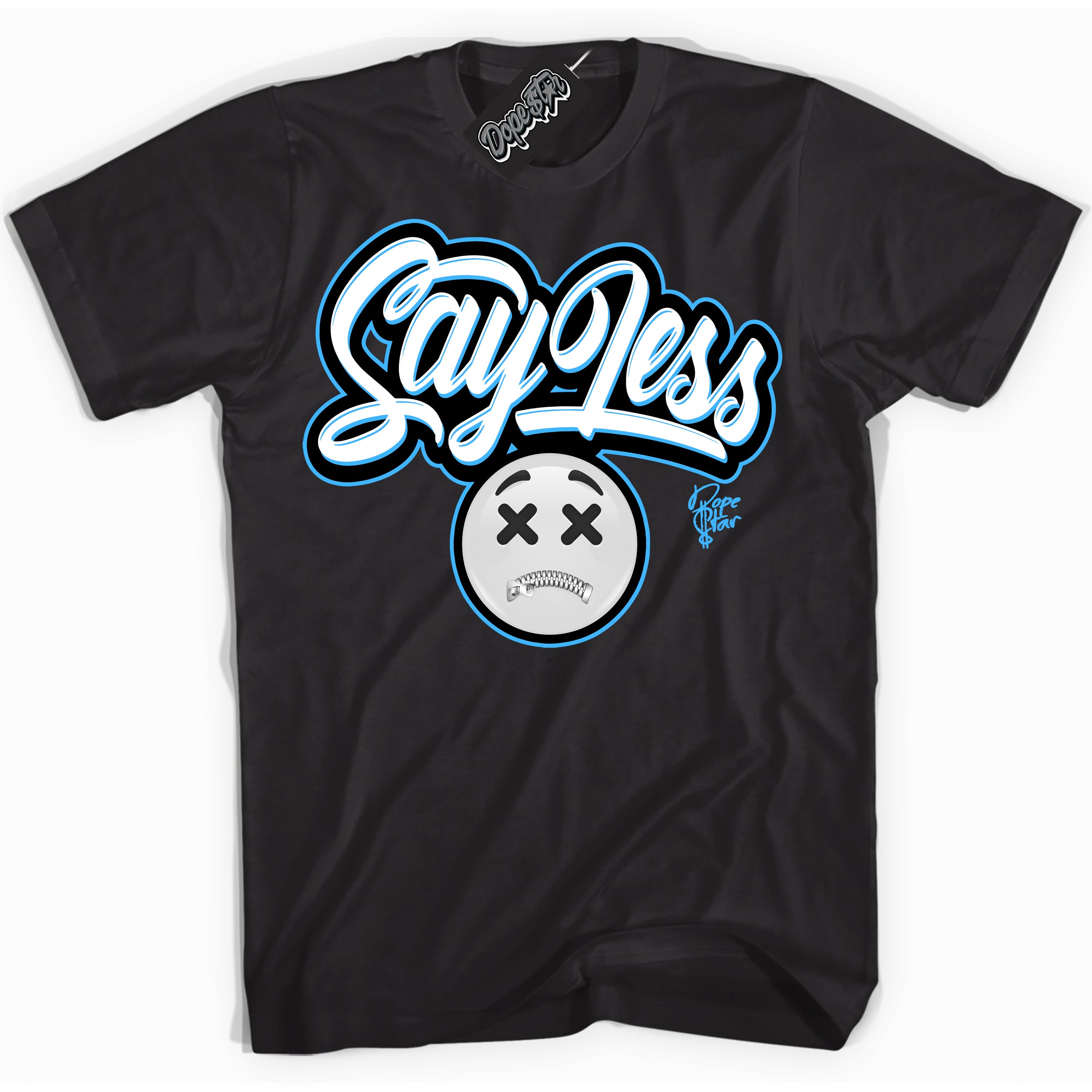 Cool Black graphic tee with “ Say Less ” design, that perfectly matches Powder Blue 9s sneakers 