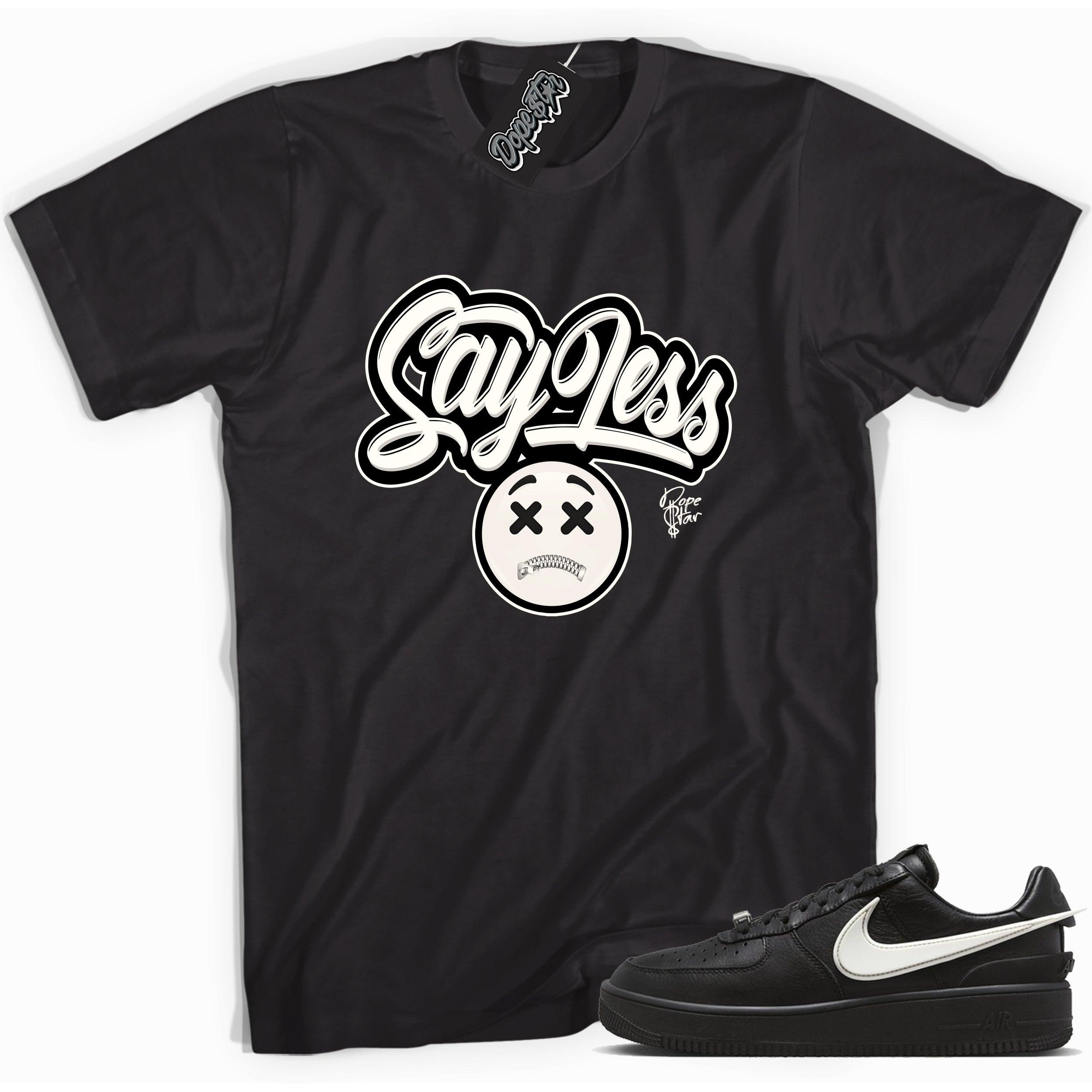 Cool black graphic tee with 'sayless' print, that perfectly matches Nike Air Force 1 Low SP Ambush Phantom sneakers.