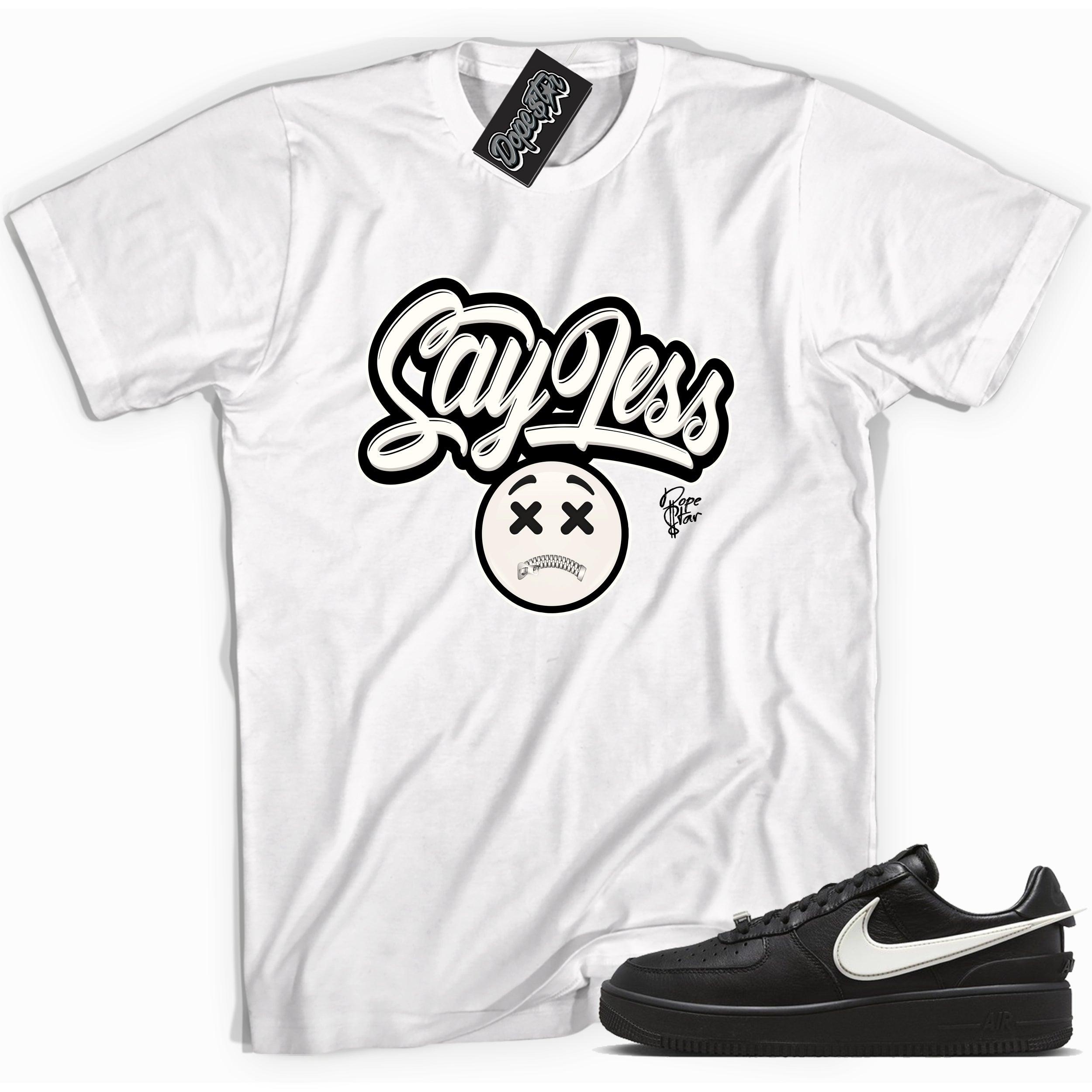 Cool white graphic tee with 'sayless' print, that perfectly matches Nike Air Force 1 Low SP Ambush Phantom sneakers.