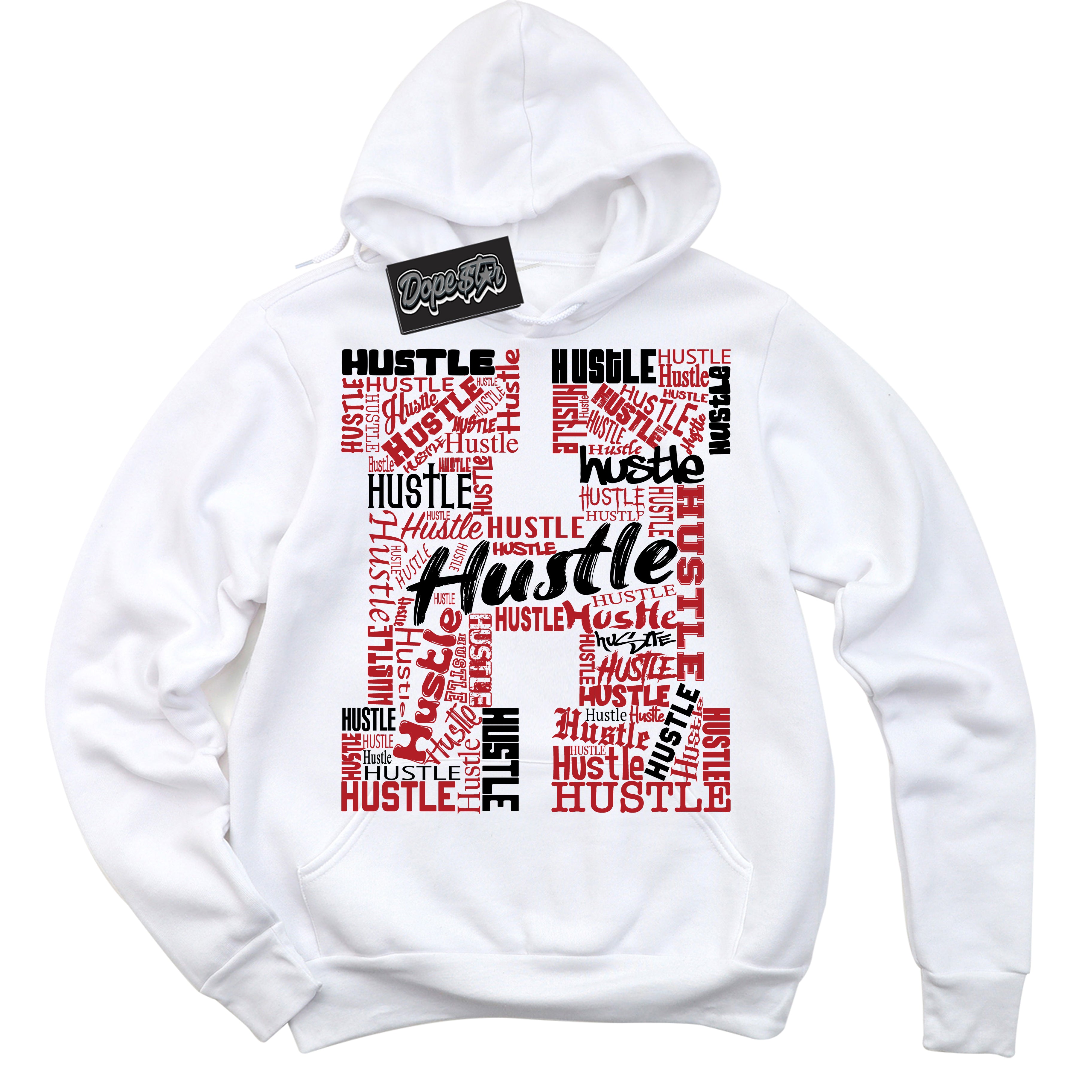 AJ1 Retro High OG Black Toe Reimagined 'Hustle H' Hoodie- White Streetwear Mockup | Sneakerhead Hoodie Matching Black Toe Reimagined AJ1 Highs | Limited Edition Jordan 1 Retro High OG Black Toe Reimagined hoodie for Men & Women | Drip with Your Black Toe Reimagined 1s Kicks | Sneakerhead Fashion Must-Have.