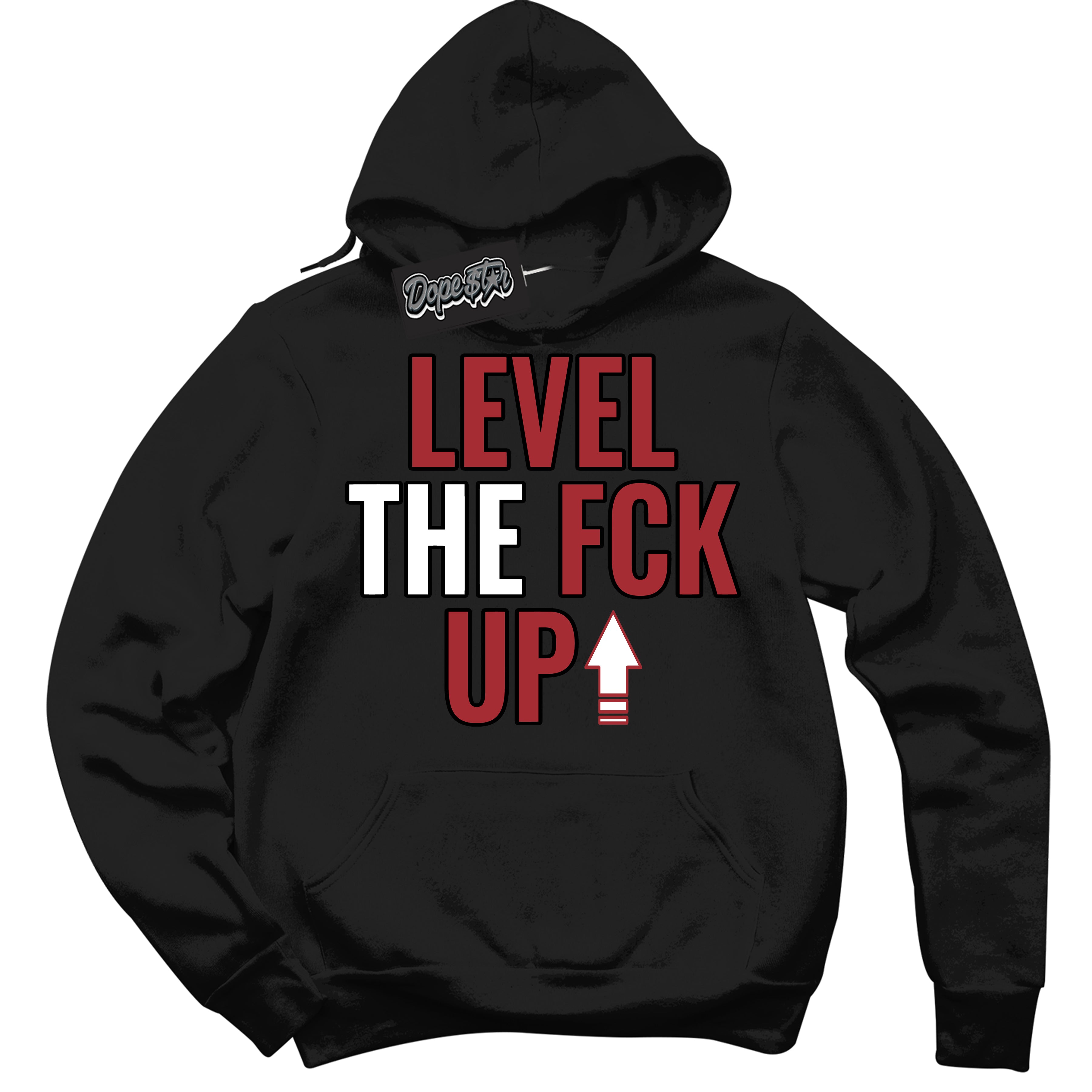 AJ1 Retro High OG Black Toe Reimagined 'Level The Fck Up' Hoodie- Black Streetwear Mockup | Sneakerhead Hoodie Matching Black Toe Reimagined AJ1 Highs | Limited Edition Jordan 1 Retro High OG Black Toe Reimagined hoodie for Men & Women | Drip with Your Black Toe Reimagined 1s Kicks | Sneakerhead Fashion Must-Have.