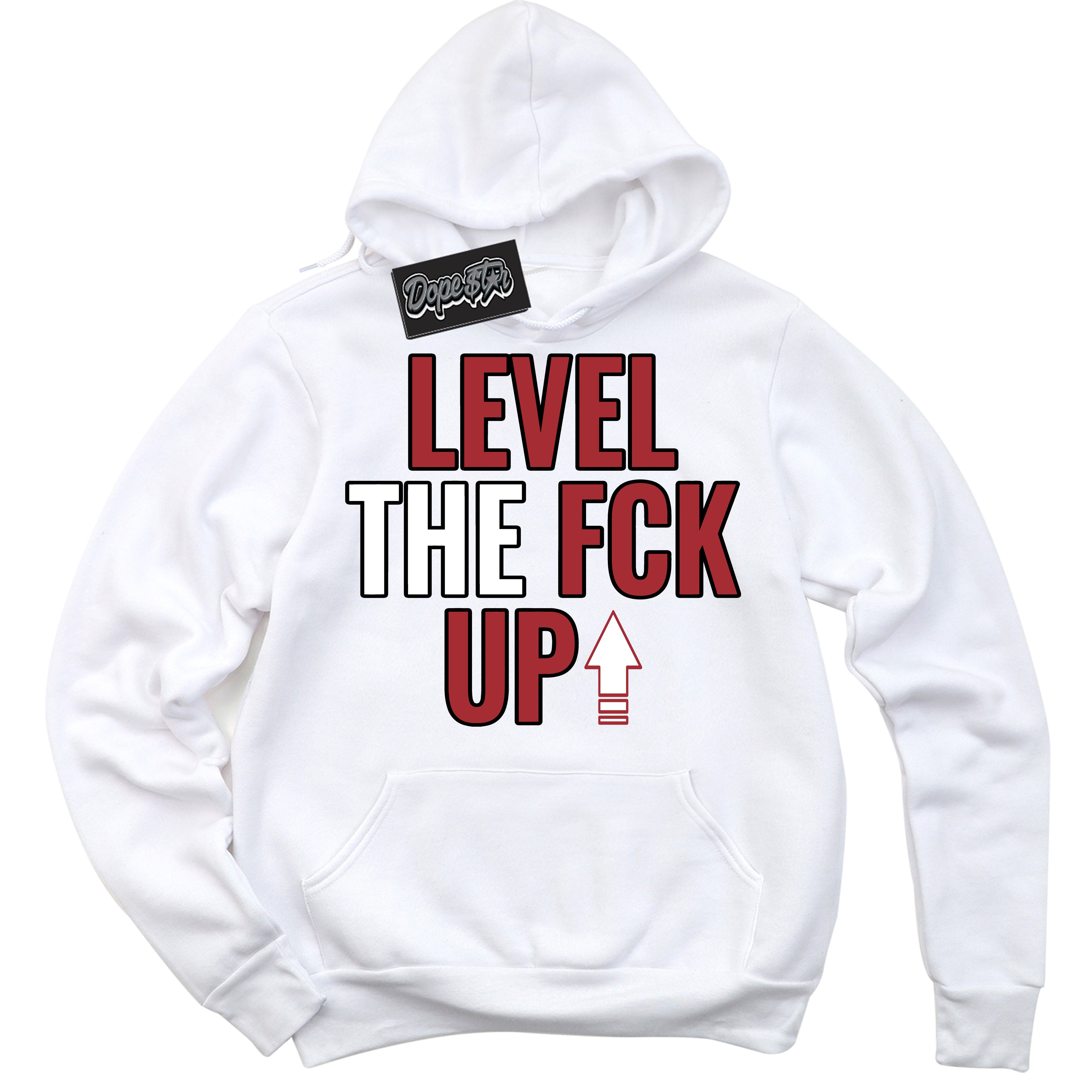 AJ1 Retro High OG Black Toe Reimagined 'Level The Fck Up' Hoodie- White Streetwear Mockup | Sneakerhead Hoodie Matching Black Toe Reimagined AJ1 Highs | Limited Edition Jordan 1 Retro High OG Black Toe Reimagined hoodie for Men & Women | Drip with Your Black Toe Reimagined 1s Kicks | Sneakerhead Fashion Must-Have.