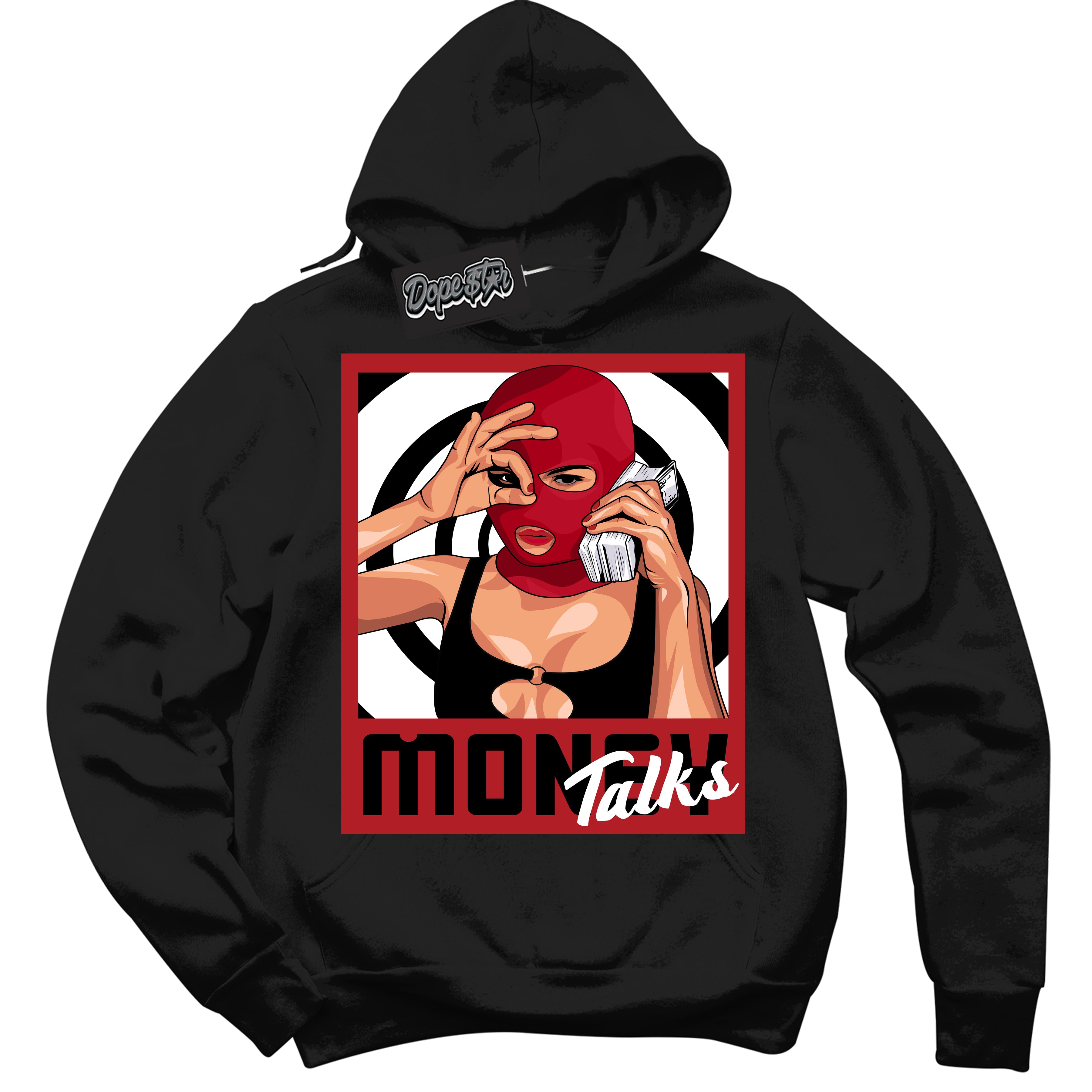 AJ1 Retro High OG Black Toe Reimagined 'Money Talks' Hoodie- Black Streetwear Mockup | Sneakerhead Hoodie Matching Black Toe Reimagined AJ1 Highs | Limited Edition Jordan 1 Retro High OG Black Toe Reimagined hoodie for Men & Women | Drip with Your Black Toe Reimagined 1s Kicks | Sneakerhead Fashion Must-Have.