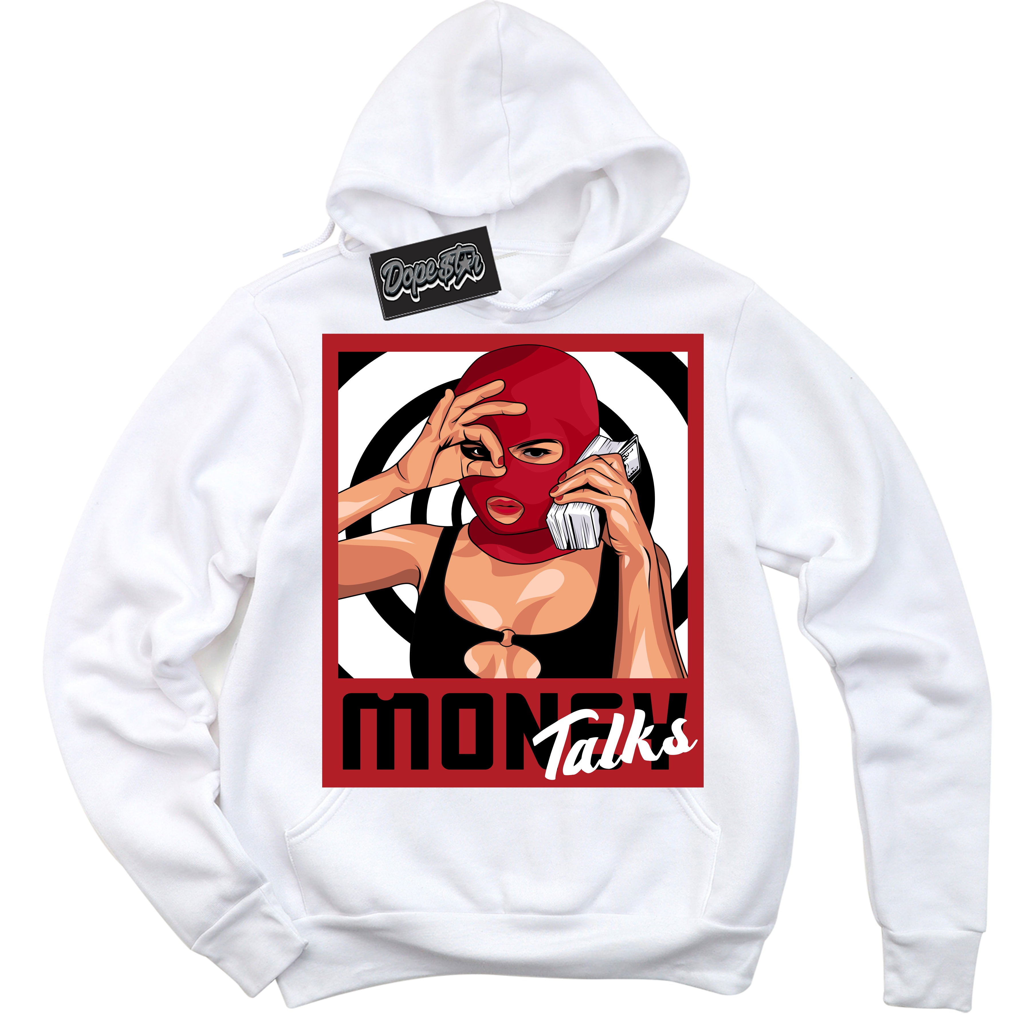 AJ1 Retro High OG Black Toe Reimagined 'Money Talks' Hoodie- White Streetwear Mockup | Sneakerhead Hoodie Matching Black Toe Reimagined AJ1 Highs | Limited Edition Jordan 1 Retro High OG Black Toe Reimagined hoodie for Men & Women | Drip with Your Black Toe Reimagined 1s Kicks | Sneakerhead Fashion Must-Have.