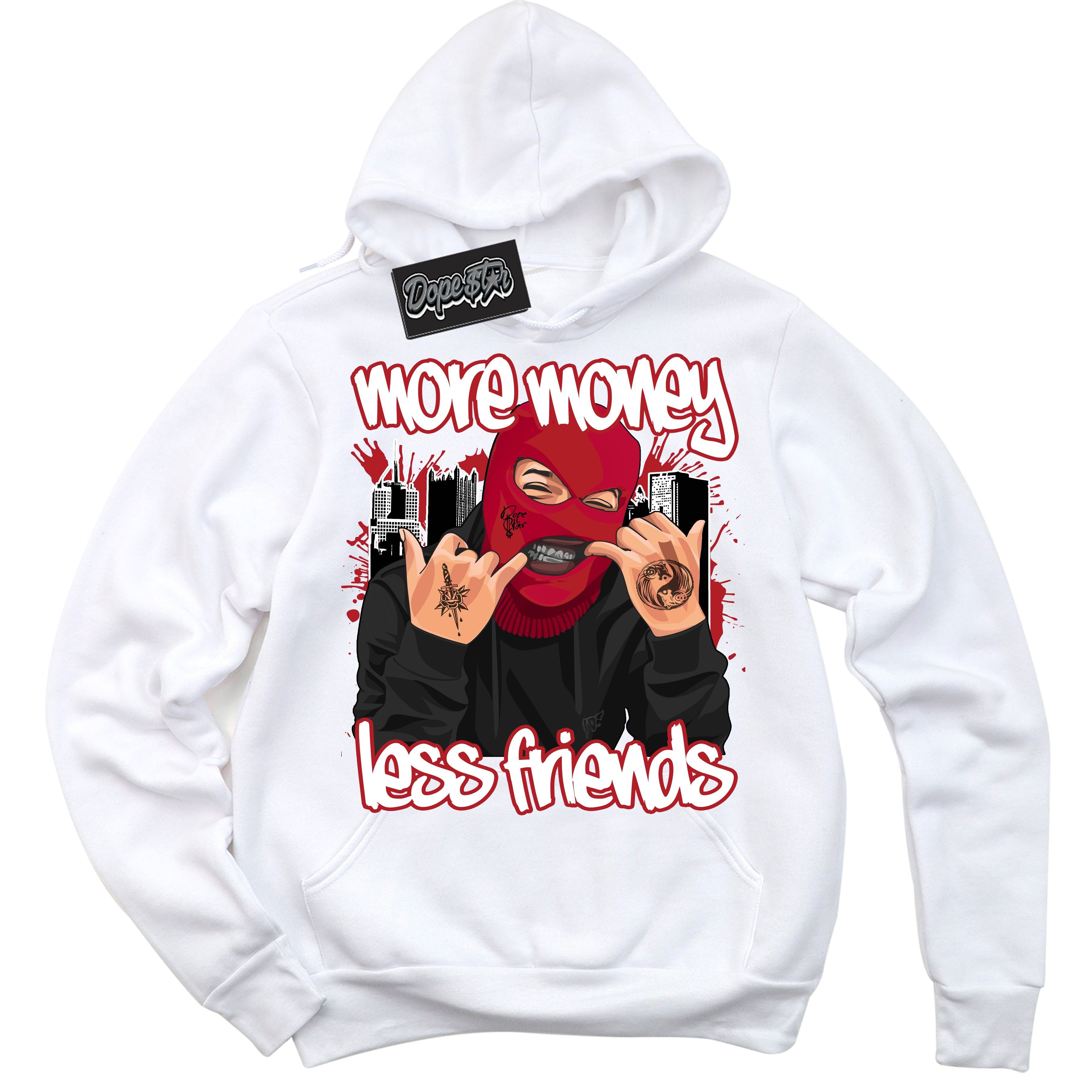 AJ1 Retro High OG Black Toe Reimagined 'More Money Less Friends' Hoodie- White Streetwear Mockup | Sneakerhead Hoodie Matching Black Toe Reimagined AJ1 Highs | Limited Edition Jordan 1 Retro High OG Black Toe Reimagined hoodie for Men & Women | Drip with Your Black Toe Reimagined 1s Kicks | Sneakerhead Fashion Must-Have.