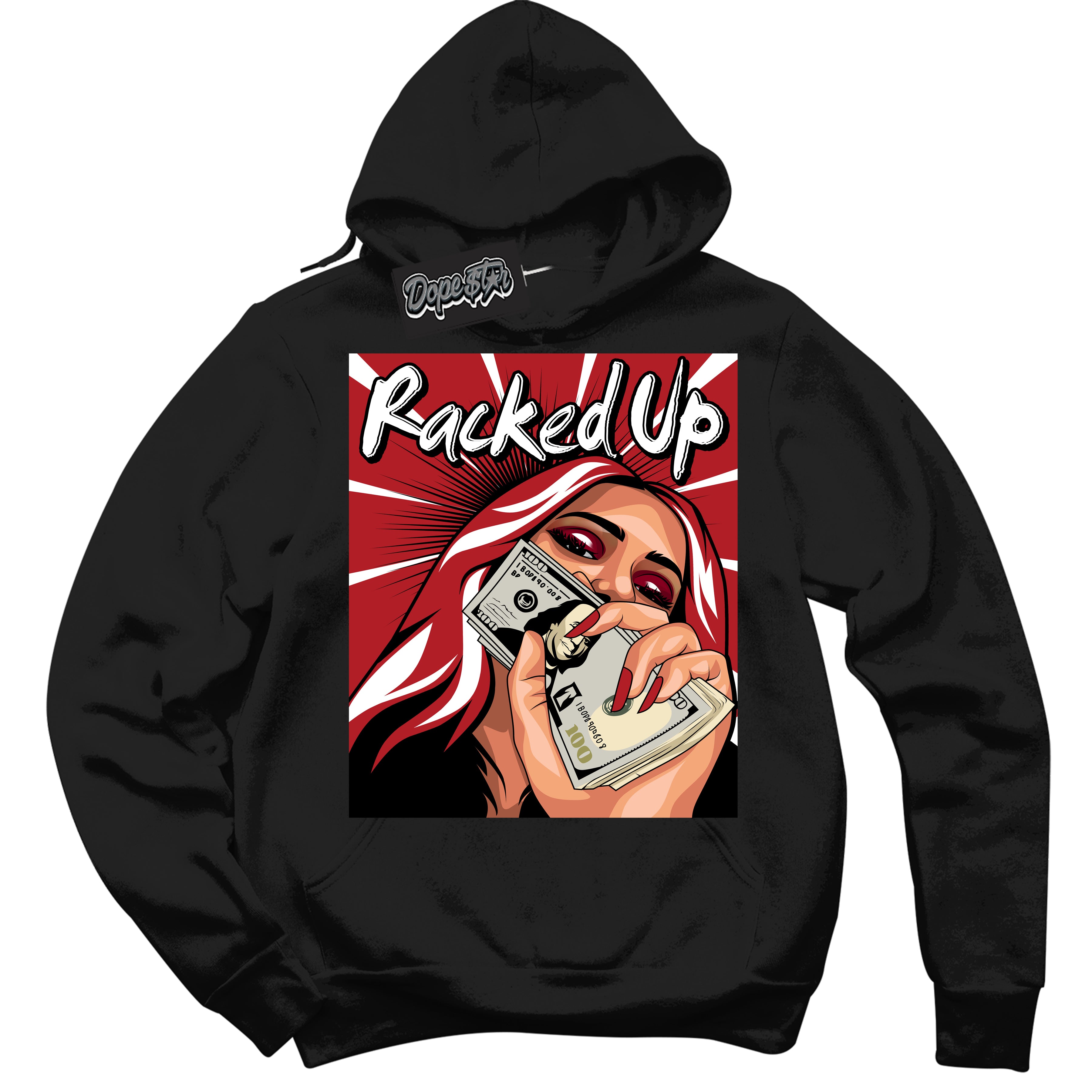 AJ1 Retro High OG Black Toe Reimagined 'Racked Up' Hoodie- Black Streetwear Mockup | Sneakerhead Hoodie Matching Black Toe Reimagined AJ1 Highs | Limited Edition Jordan 1 Retro High OG Black Toe Reimagined hoodie for Men & Women | Drip with Your Black Toe Reimagined 1s Kicks | Sneakerhead Fashion Must-Have.