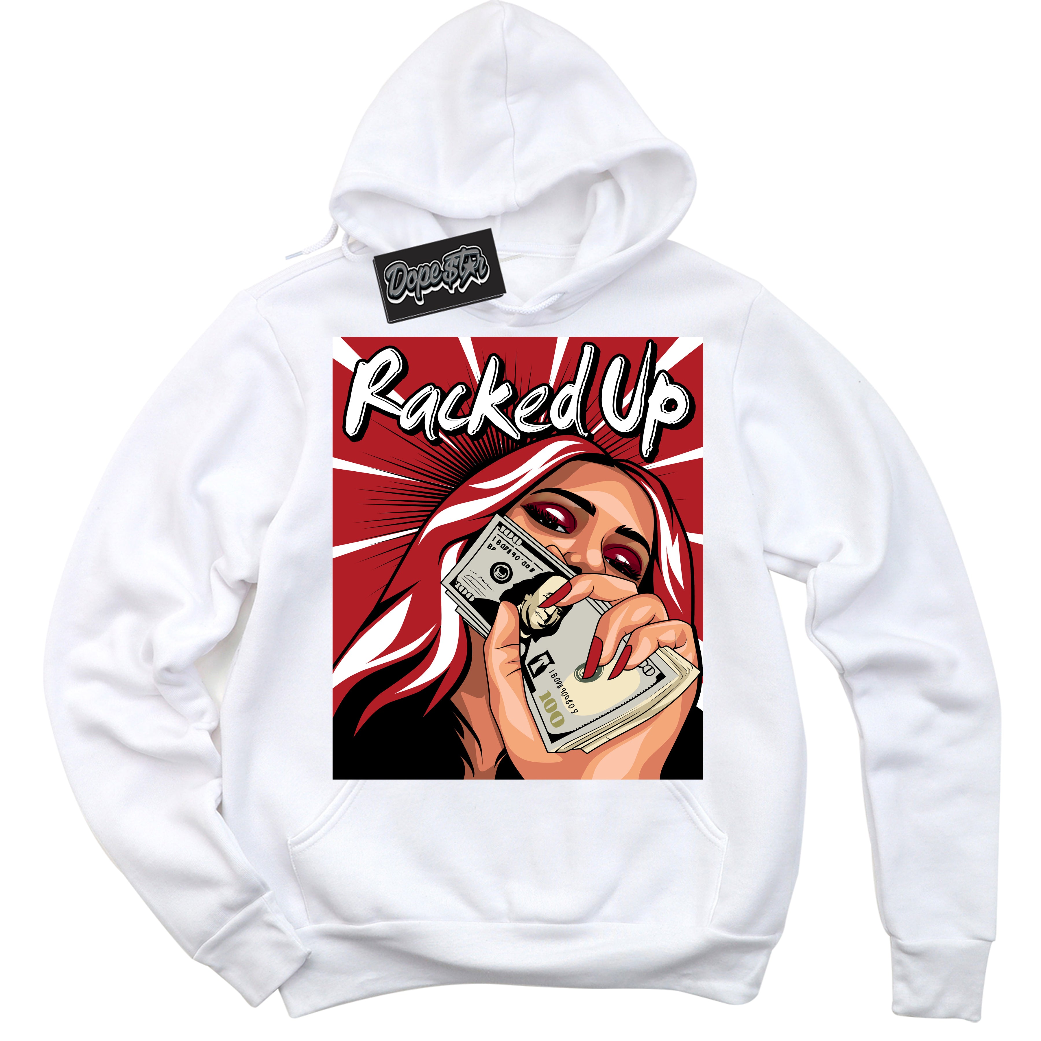 AJ1 Retro High OG Black Toe Reimagined 'Racked Up' Hoodie- White Streetwear Mockup | Sneakerhead Hoodie Matching Black Toe Reimagined AJ1 Highs | Limited Edition Jordan 1 Retro High OG Black Toe Reimagined hoodie for Men & Women | Drip with Your Black Toe Reimagined 1s Kicks | Sneakerhead Fashion Must-Have.