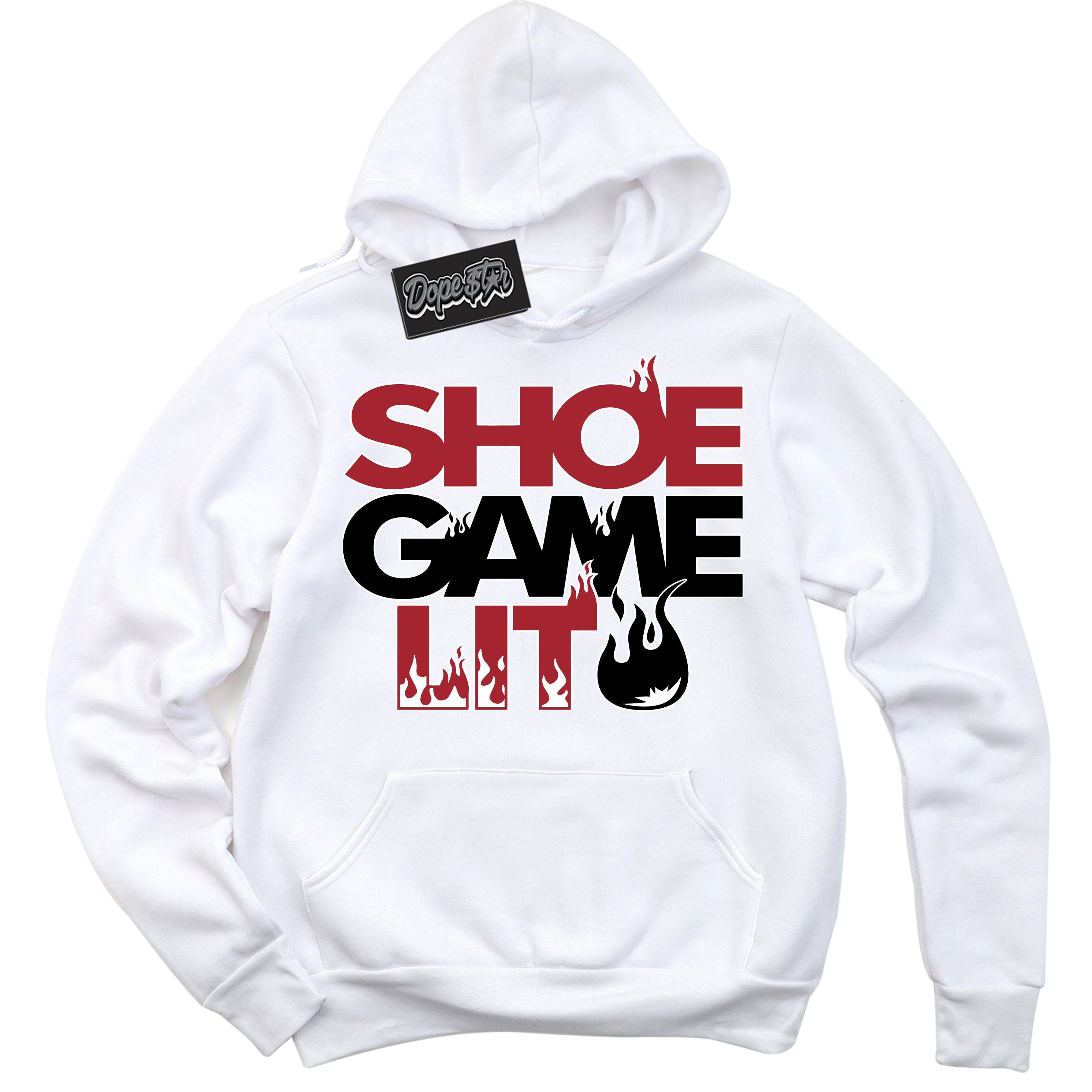 AJ1 Retro High OG Black Toe Reimagined 'Shoe Game Lit' Hoodie- White Streetwear Mockup | Sneakerhead Hoodie Matching Black Toe Reimagined AJ1 Highs | Limited Edition Jordan 1 Retro High OG Black Toe Reimagined hoodie for Men & Women | Drip with Your Black Toe Reimagined 1s Kicks | Sneaker head Fashion Must-Have.