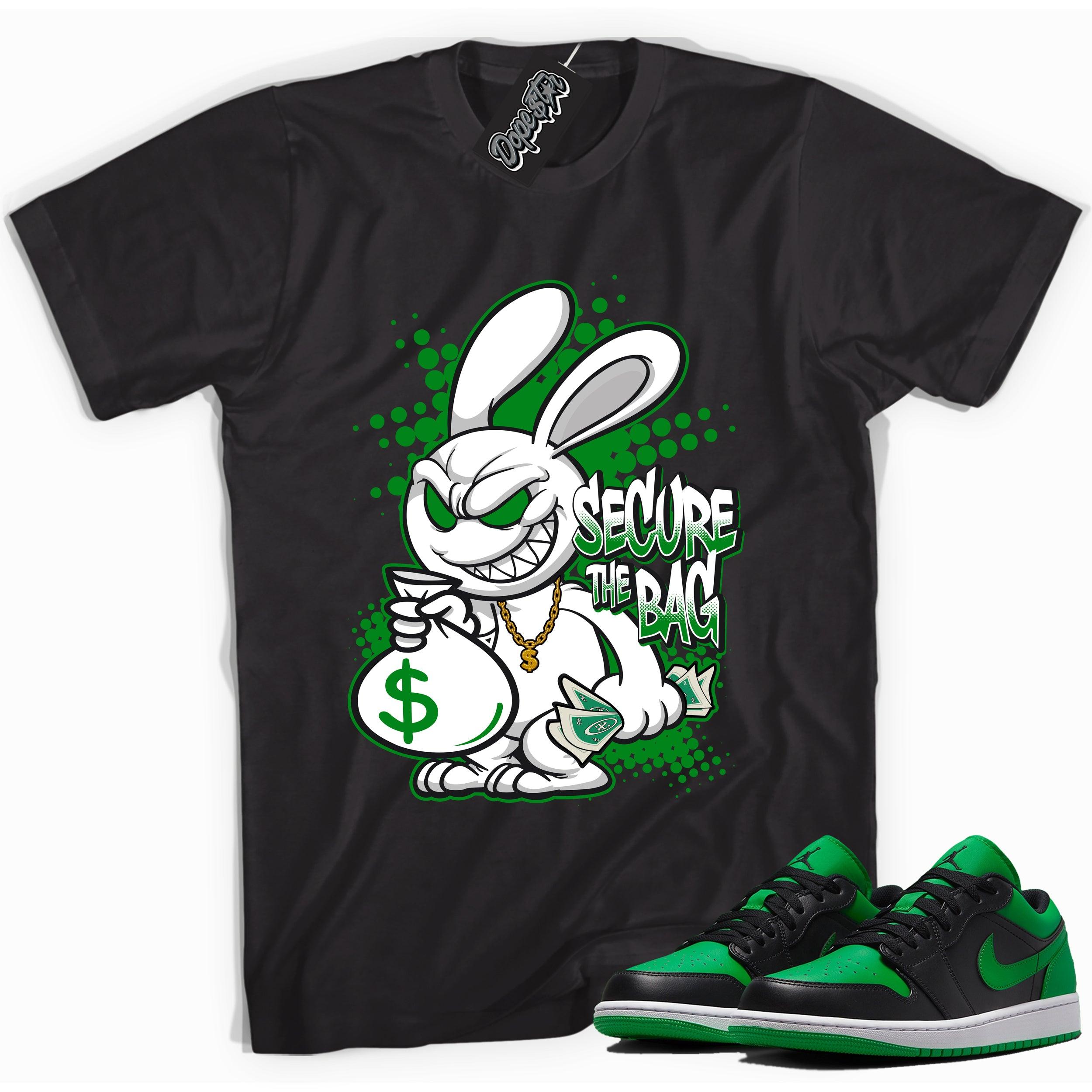 Cool black graphic tee with 'secure the bag' print, that perfectly matches Air Jordan 1 Low Lucky Green sneakers