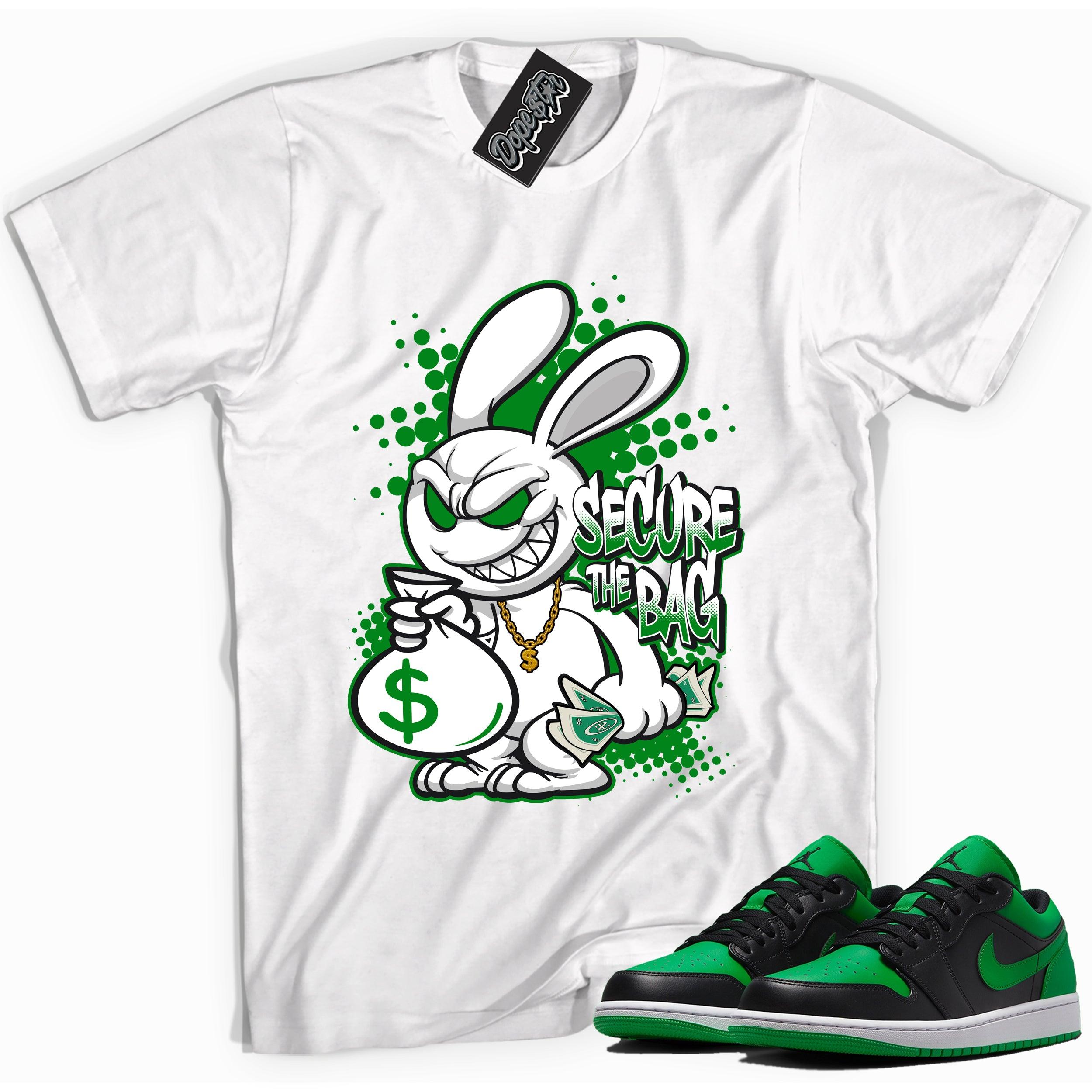 Cool white graphic tee with 'secure the bag' print, that perfectly matches Air Jordan 1 Low Lucky Green sneakers