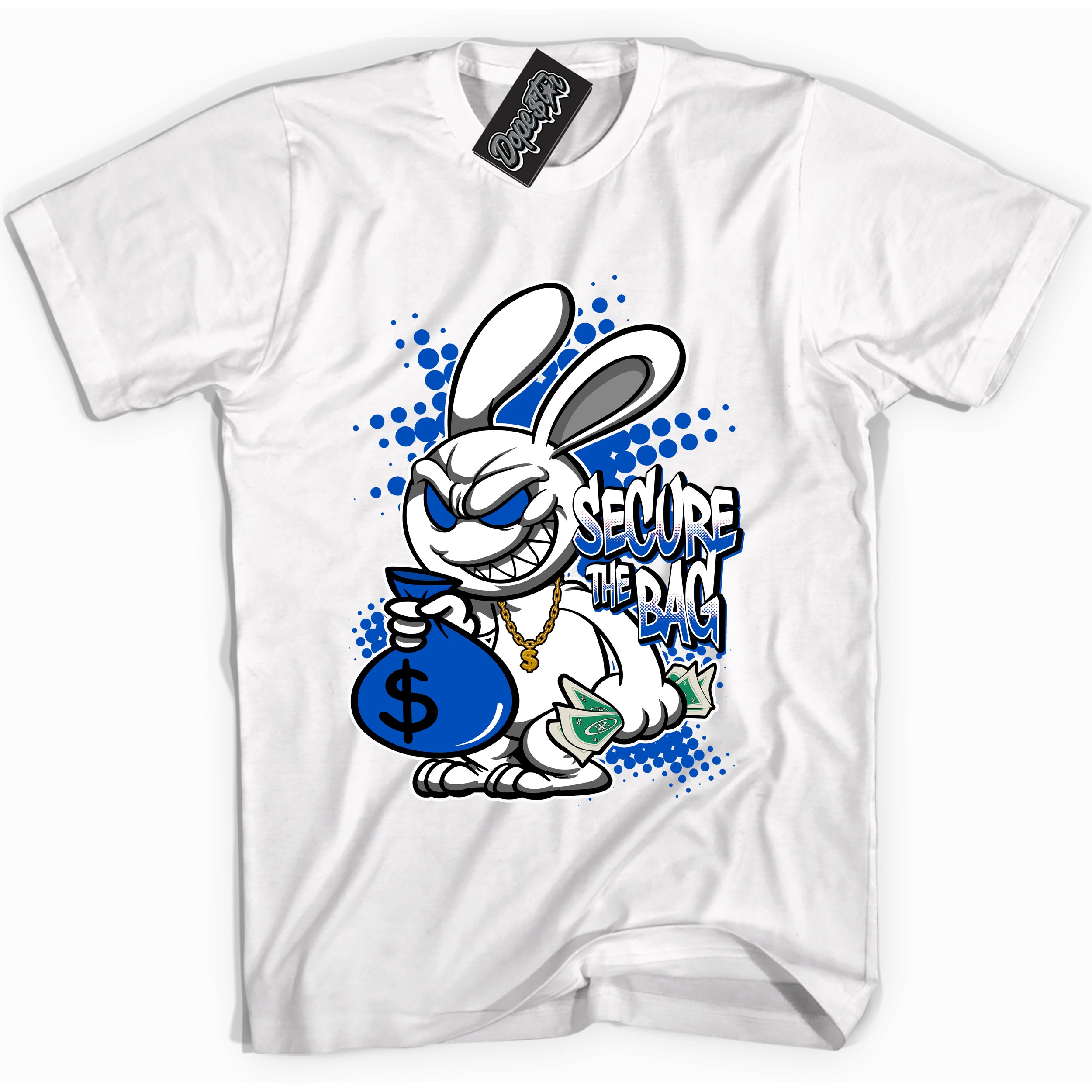 Cool White graphic tee with "Secure The Bag" design, that perfectly matches Royal Reimagined 1s sneakers 
