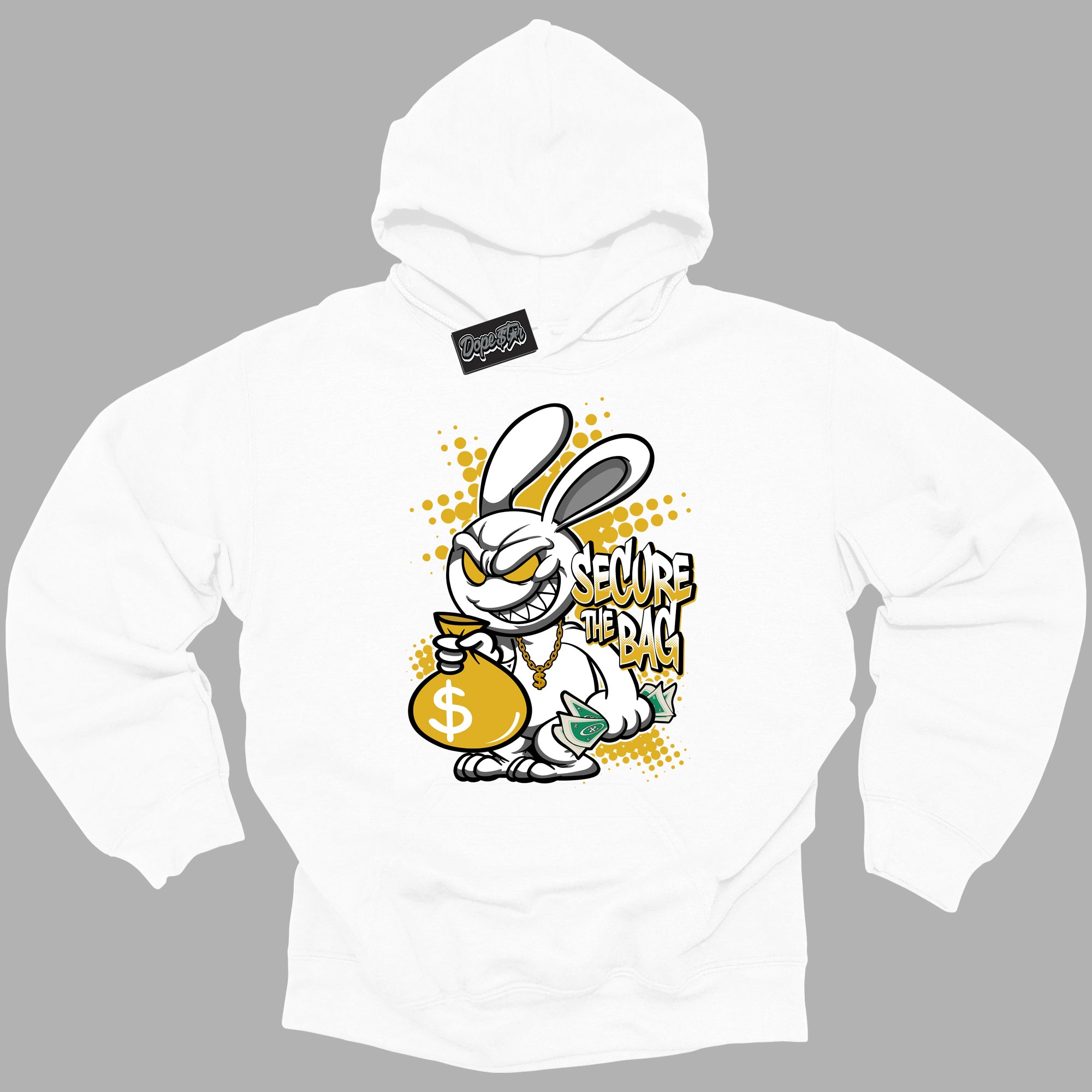 Cool White Hoodie with “ Secure The Bag ”  design that Perfectly Matches Yellow Ochre 6s Sneakers.