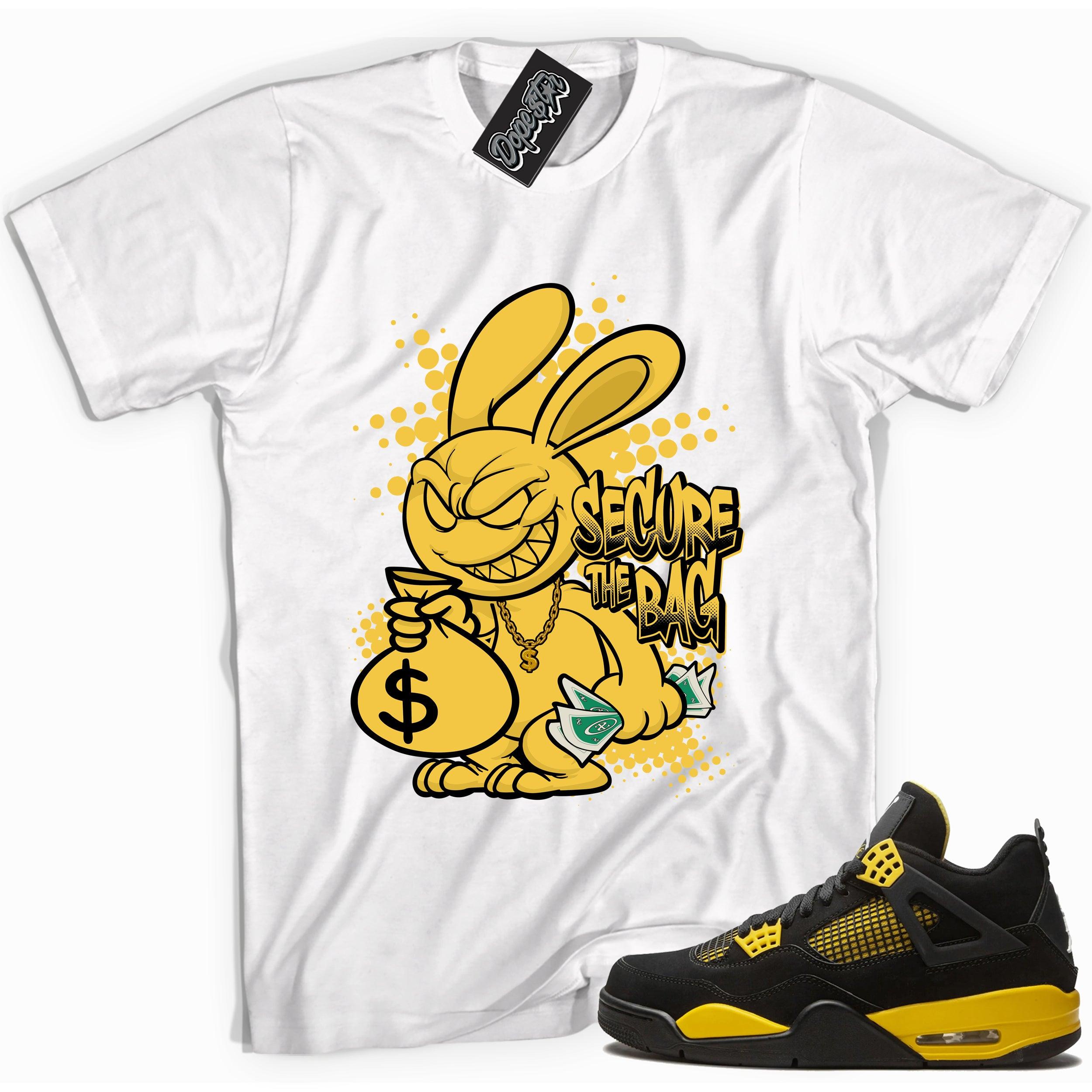 Cool white graphic tee with 'secure the bag' print, that perfectly matches Air Jordan 4 Thunder sneakers
