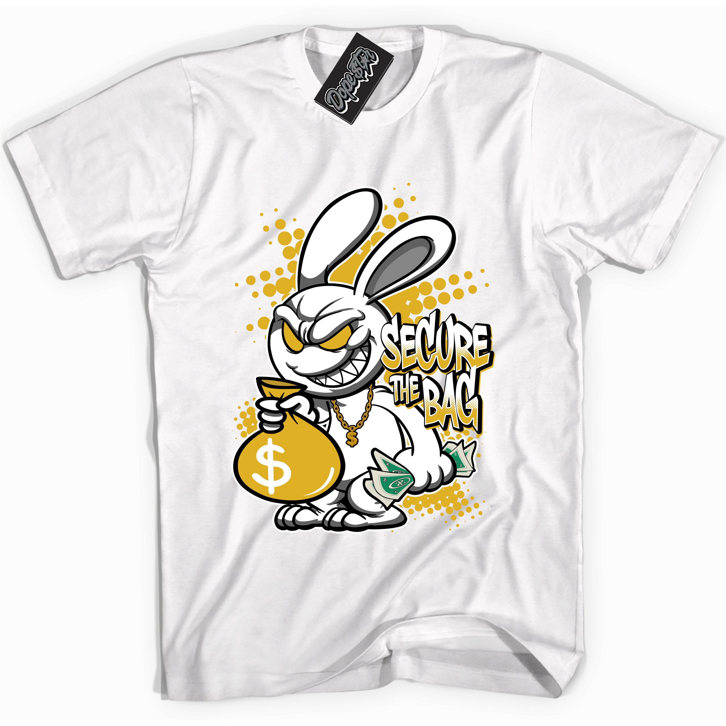 Cool White Shirt with “ Secure The Bag” design that perfectly matches Yellow Ochre 6s Sneakers.