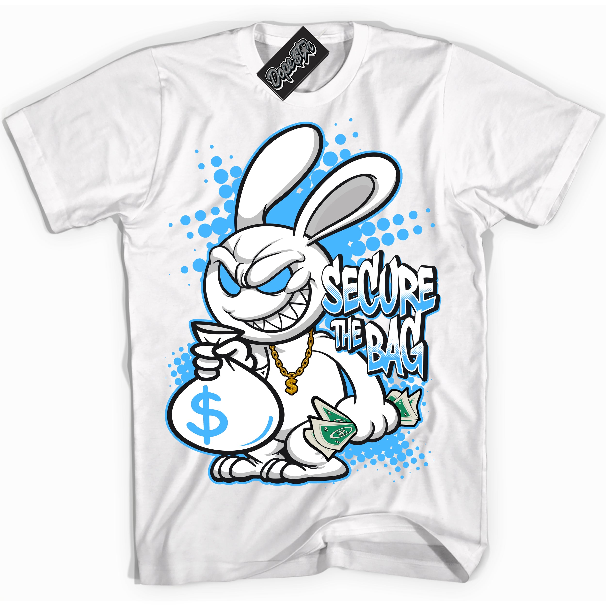 Cool White graphic tee with “ Secure the Bag ” design, that perfectly matches Powder Blue 9s sneakers 